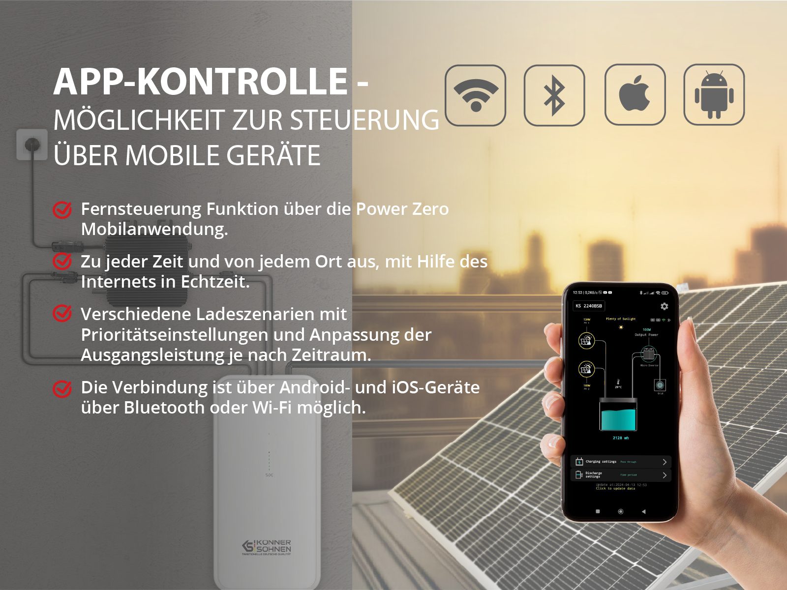 Könner & Söhnen Solarmodul KS 2240BSB, (LiFePO4 2240 Wh, 50 Ah, 44.8 V, 1-St., Batterie für Balkonkraftwerke), ≤ 6000 Lade-/Entladezyklen, Bluetooth, Wi-Fi, Schutzklasse IP65