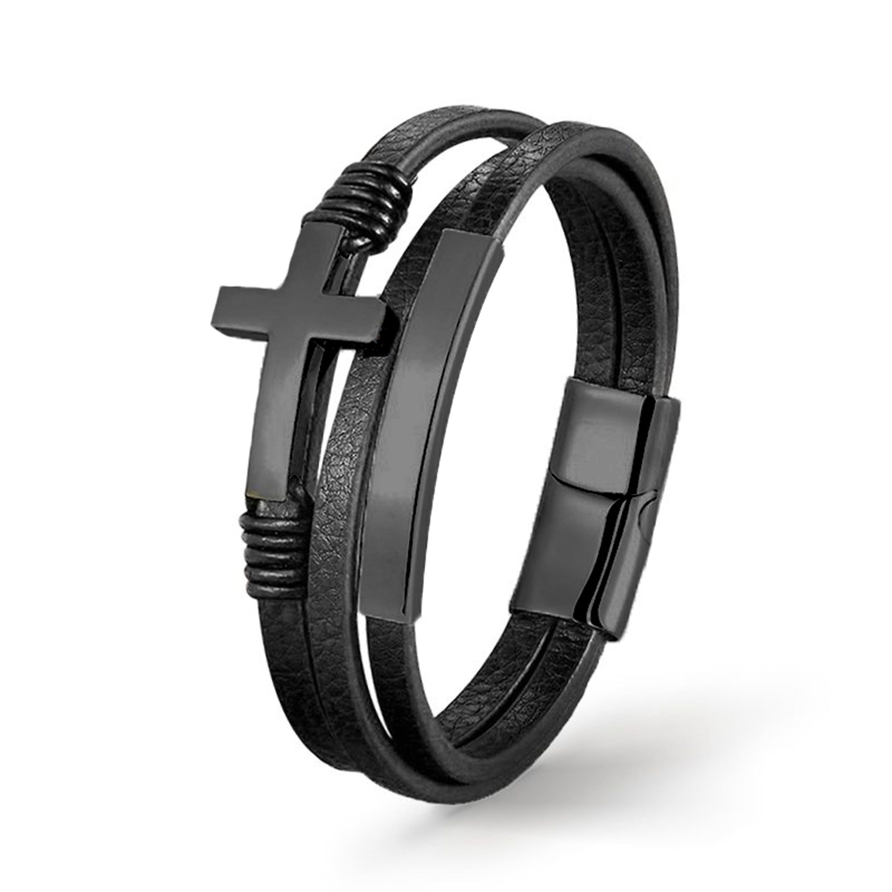 UNIQAL.de Lederarmband Lederarmband Herren mit Kreuz "CHURCH" cross, plate.dreilägig (Edelstahl, Echtleder, Casual Style, Handgefertigt)