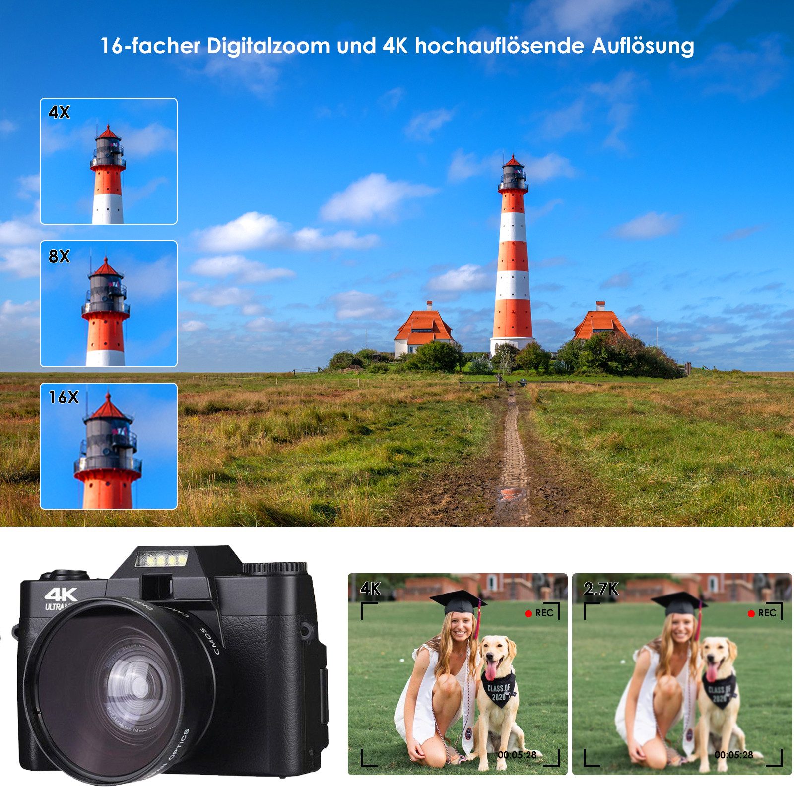 Fine Life Pro Digitalkamera 1080, 48MP Fotokamera mit 180° Flip 3.0" Bildschirm, Kompaktkamera (inkl. 16X Digitalzoom Kompaktkamera mit Weitwinkel Linse und Macro Linse, 64GB TF-Karte, WiFi-Funktionalität, Schwarz)