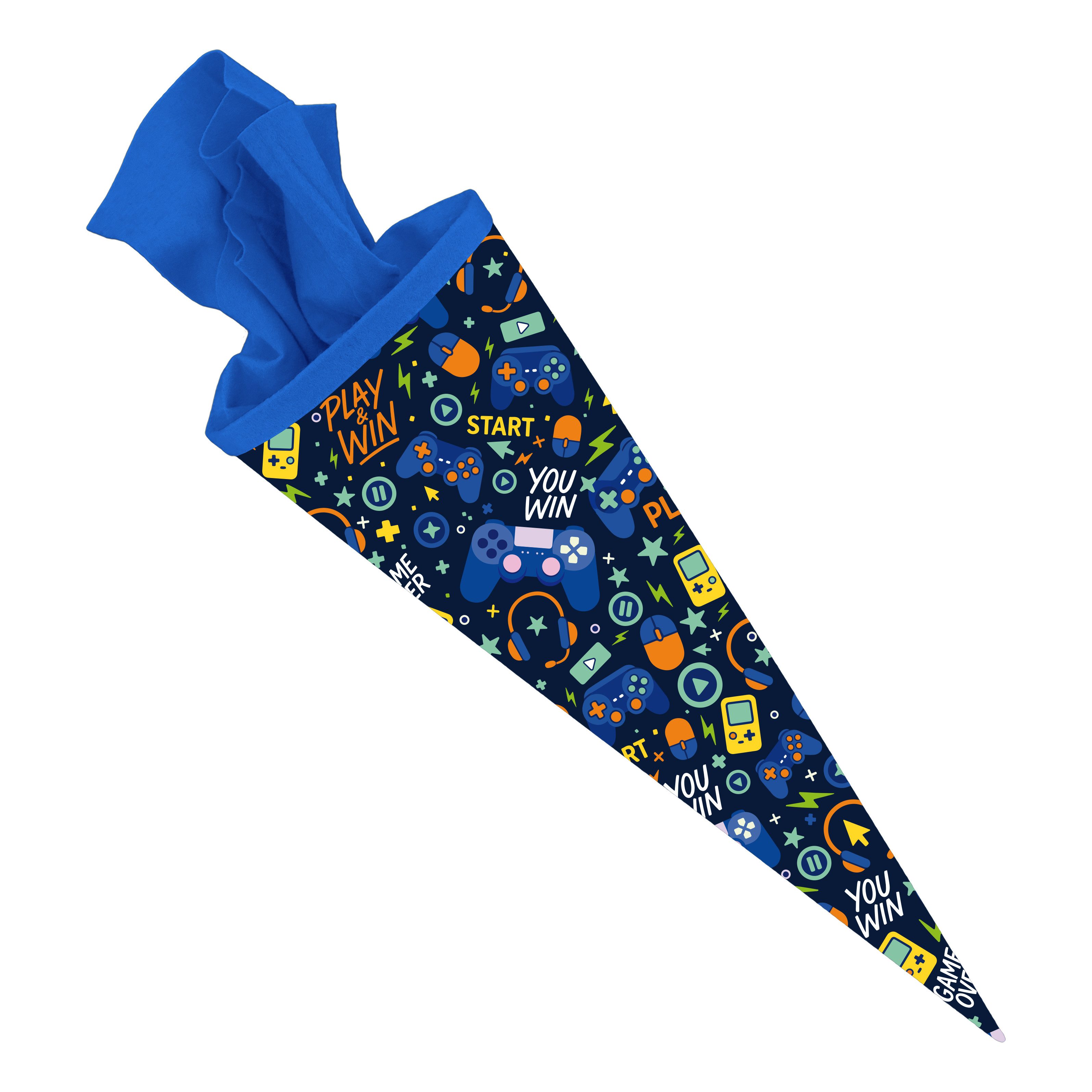 itenga Schultüte ITENGA Schultüte 70cm rund Muster PLAY and WIN mit Filzverschluss