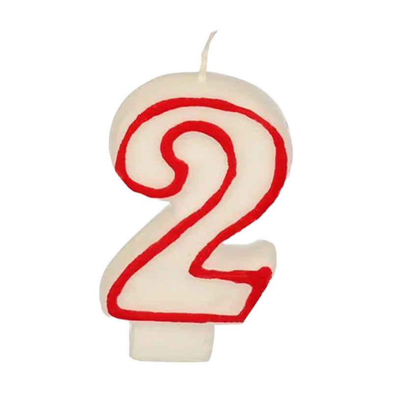 PAPSTAR Geburtstagskerze Zahlenkerze 7,3 cm weiß "2" mit rotem Rand (Stück, 1-tlg., Zahlenkerze), Geburtstagskerze Geburtstagstorte Tortendekoration Kuchendekoration