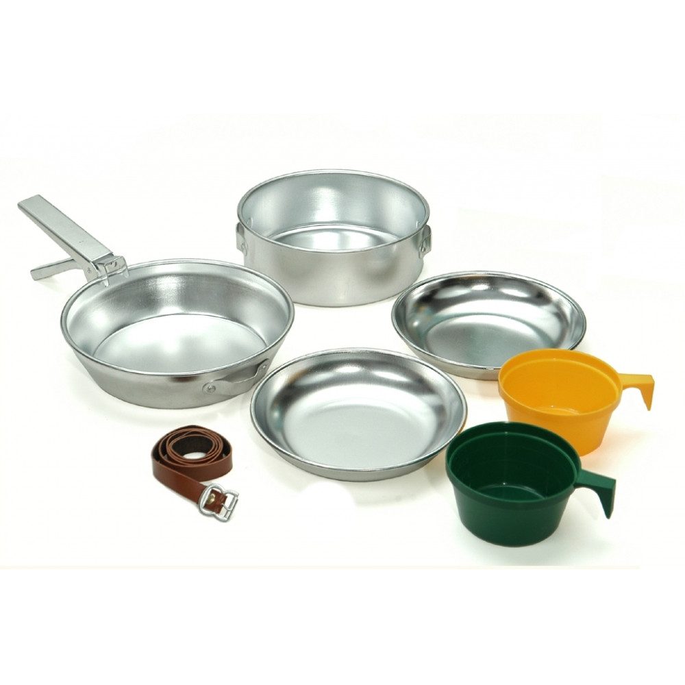 A. Blöchl Topf-Set Koch-Set Aluminium 2 Personen 7-tlg. Neu, Aluminium (Set, Bratpfanne + Kochtopf + Essteller + Kaffeetassen + Packriemen)