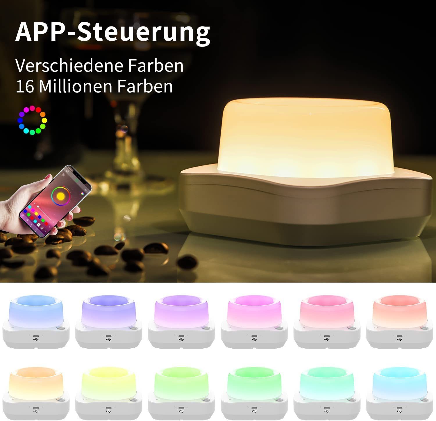 Diyarts LED Nachtlicht, LED fest integriert, Farbwechsel, App-Steuerung mit Timer x stufenlos dimmbar x USB aufladbar