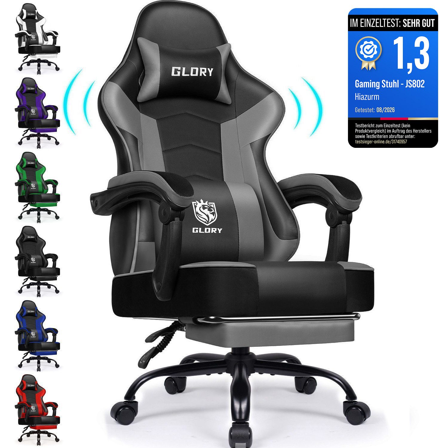 Hiazurm Gaming-Stuhl Gaming Stuhl, Bürostuhl Ergonomisch Wippfunktion bis zu 170° (Gaming Chair mit Fußstütze, 10 cm Höhenverstellung), Verstellbarem Lenden- & Kopfkissen, Gamer Stuhl 150kg Belastbarkeit