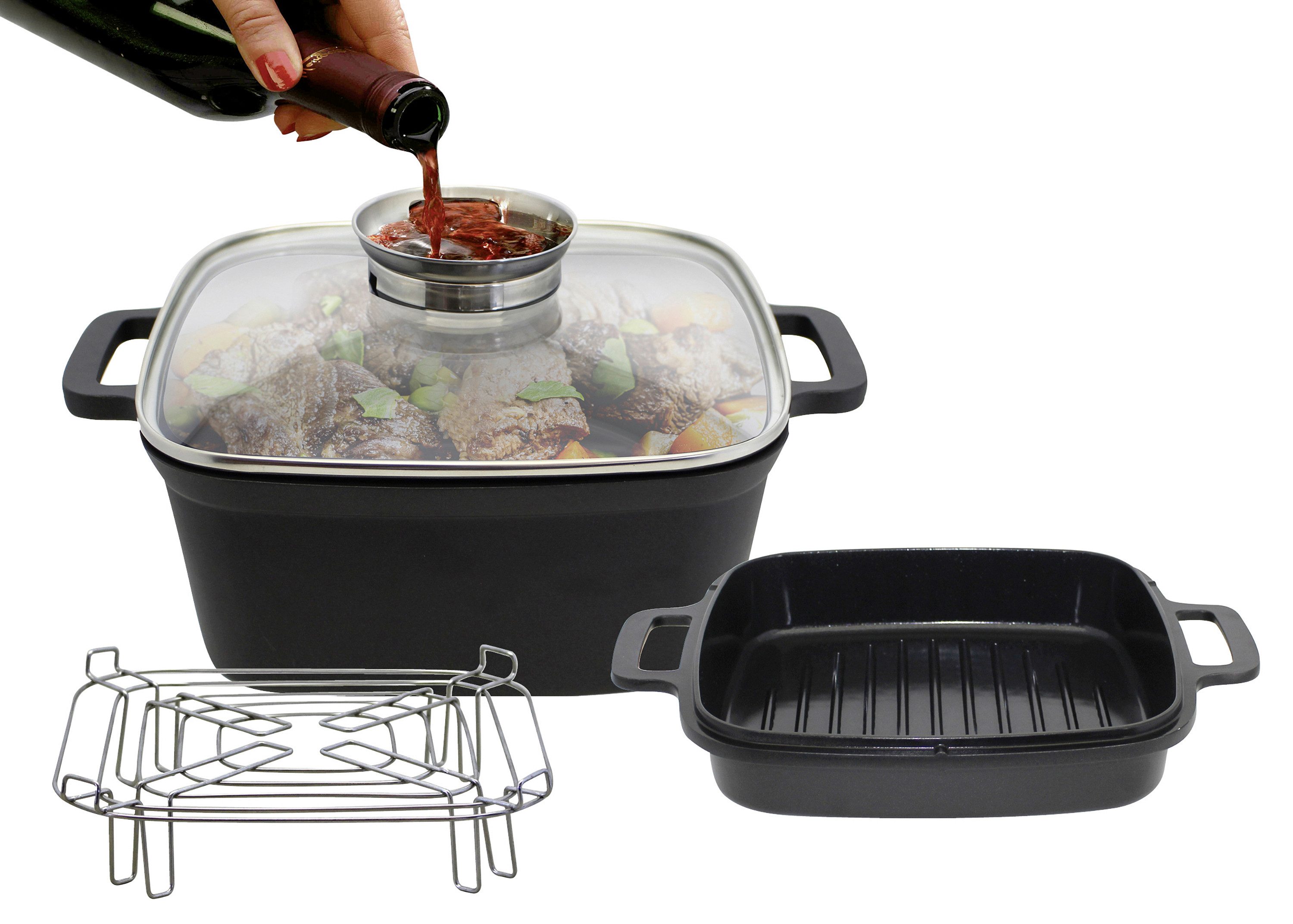 Elo Basic Bräter Multifunktionstopf-Set Cubus, Aluminiumguss (Set, 4-tlg), mit Dünsteinsatz und Grillrillen