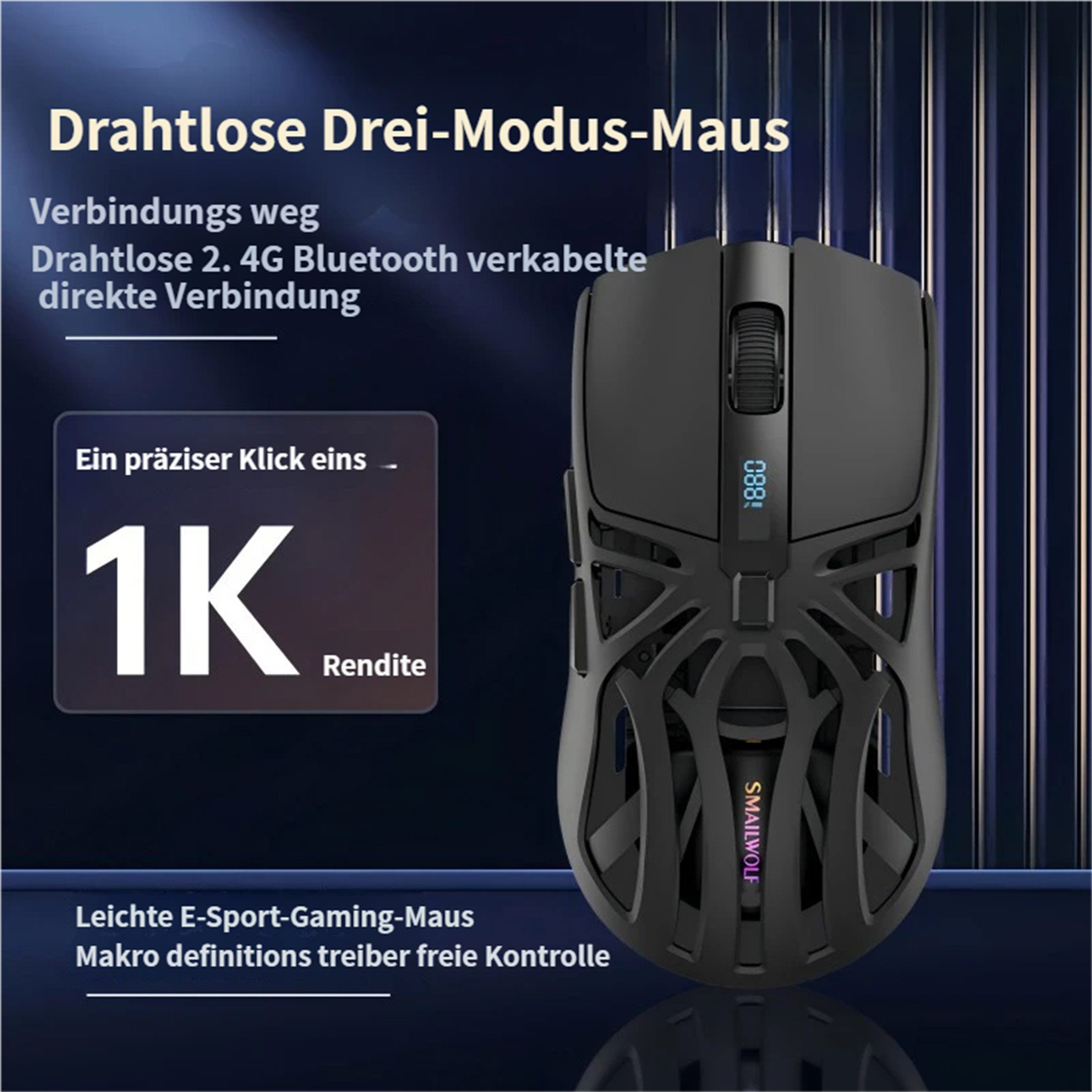 KINSI Leichte Gaming-Maus mit Akkuanzeige,3 Verbindungsarten,1000Hz Maus (Bluetooth, 10000 DPI,Programmierbar)