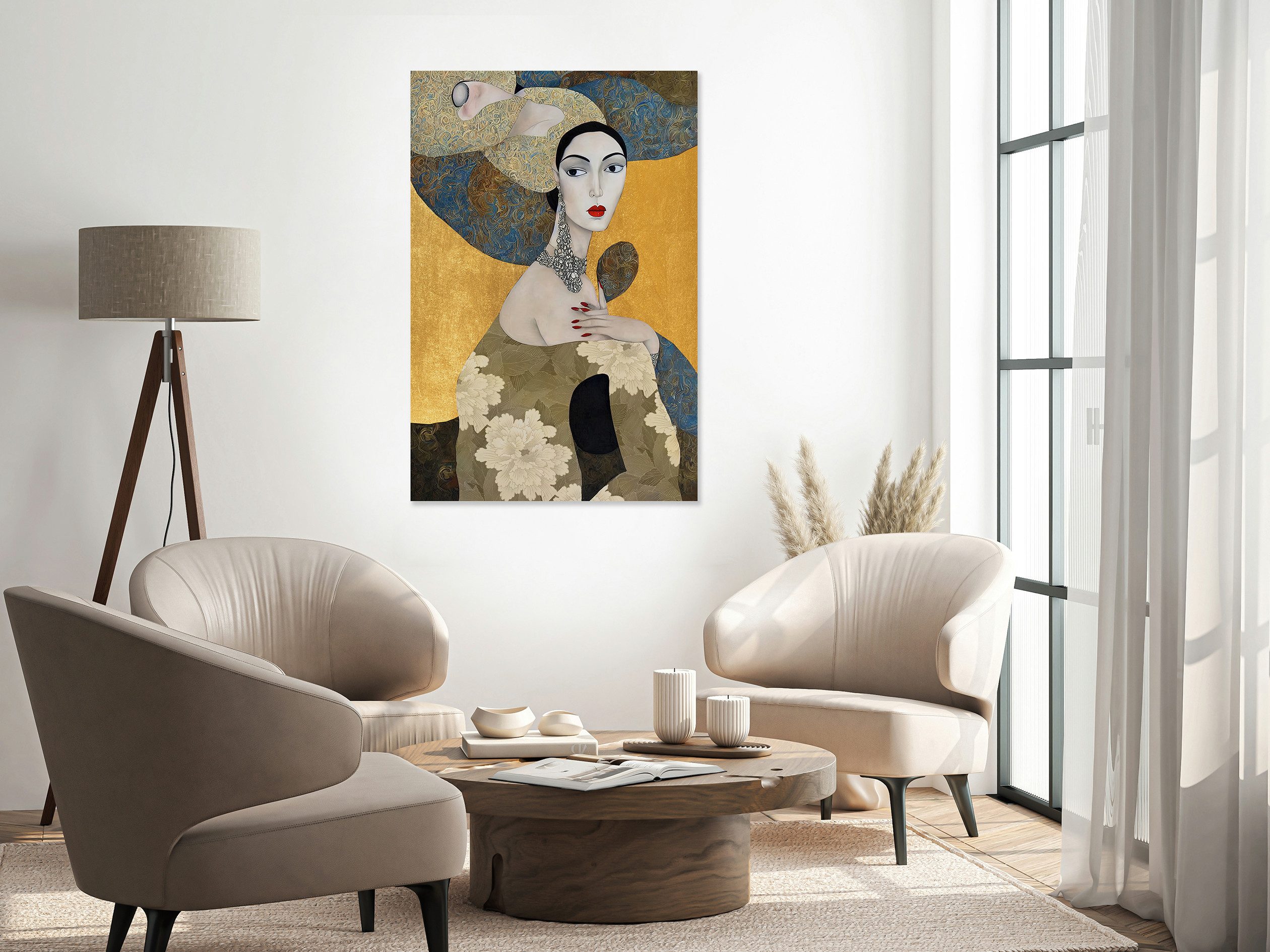 queence Acrylglasbild Wandbild, Goldbild, Bild Kunstkopie, Jugenstil, Frau mit Kette am Hals, Abstrakte, Fantasy, Kunst, Handveredelt mit Blattgold für eine edle und zeitlose Optik.