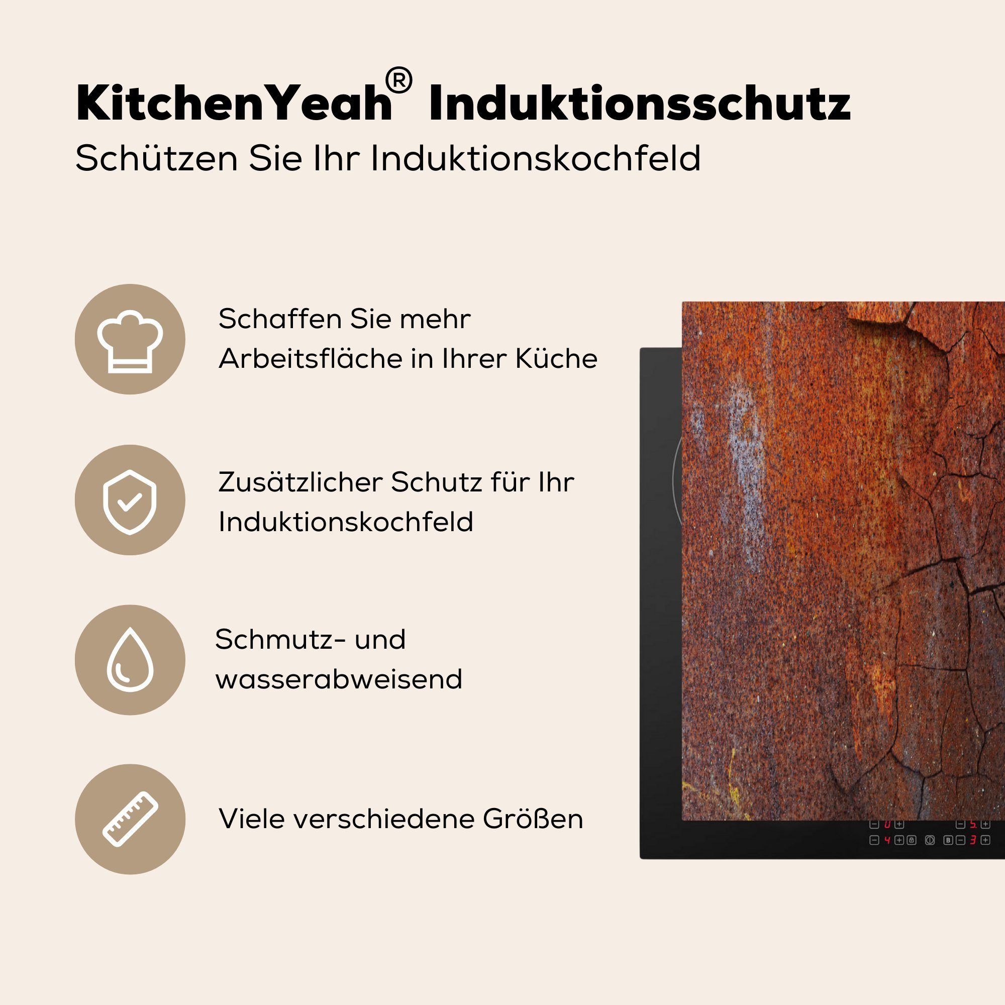 MuchoWow Orange, für - Herdblende-/Abdeckplatte 78x78 (1 Linie Arbeitsplatte - Vinyl, küche Ceranfeldabdeckung, Rost tlg), cm,