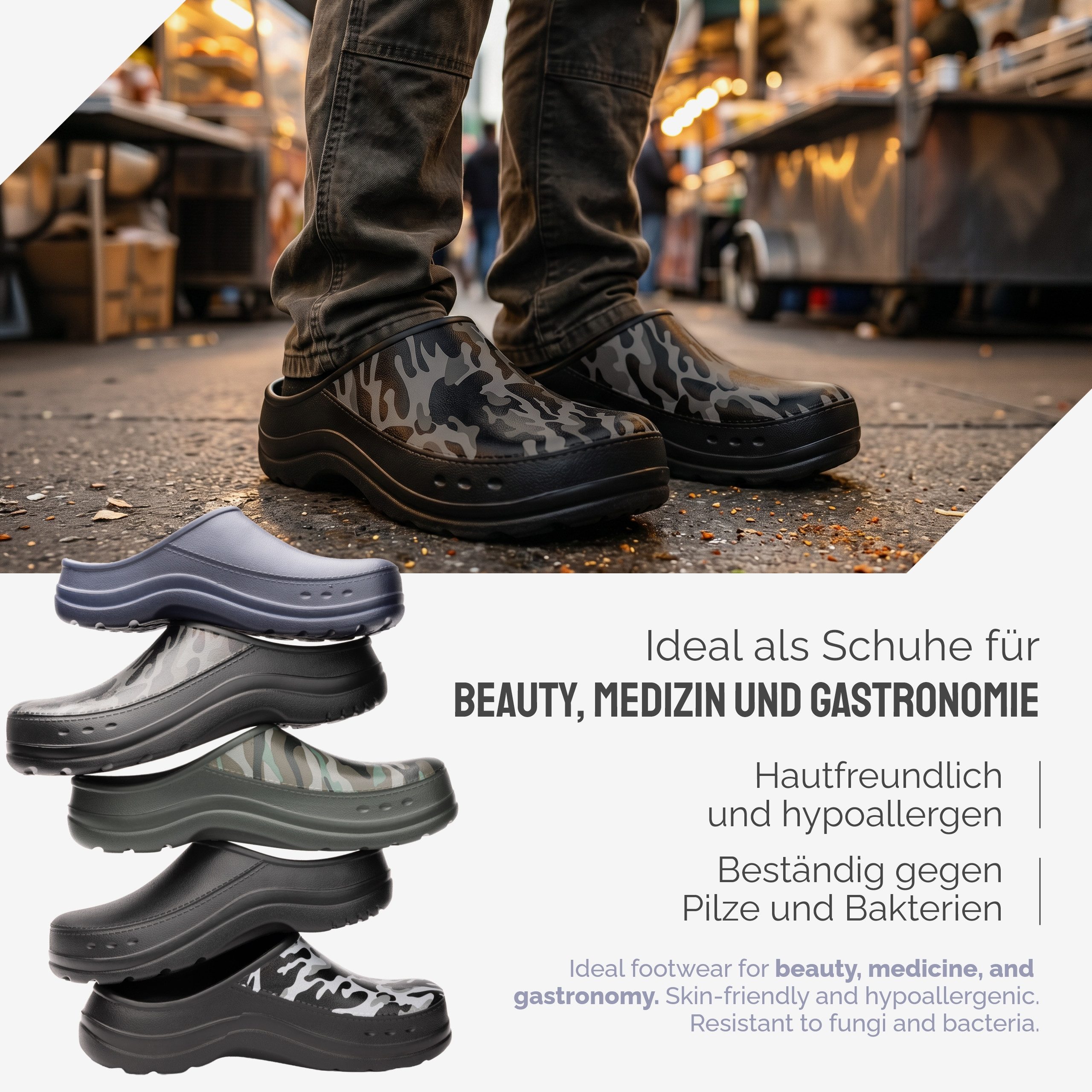 Ladeheid Gartenclogs für Herren Ultraleicht EVA Gartenschuhe LA-CA-26 Clog (40 EU, Schwarz/Grau Tarnmuster) Wasserdicht & Flexibel – Bild 5 von 5