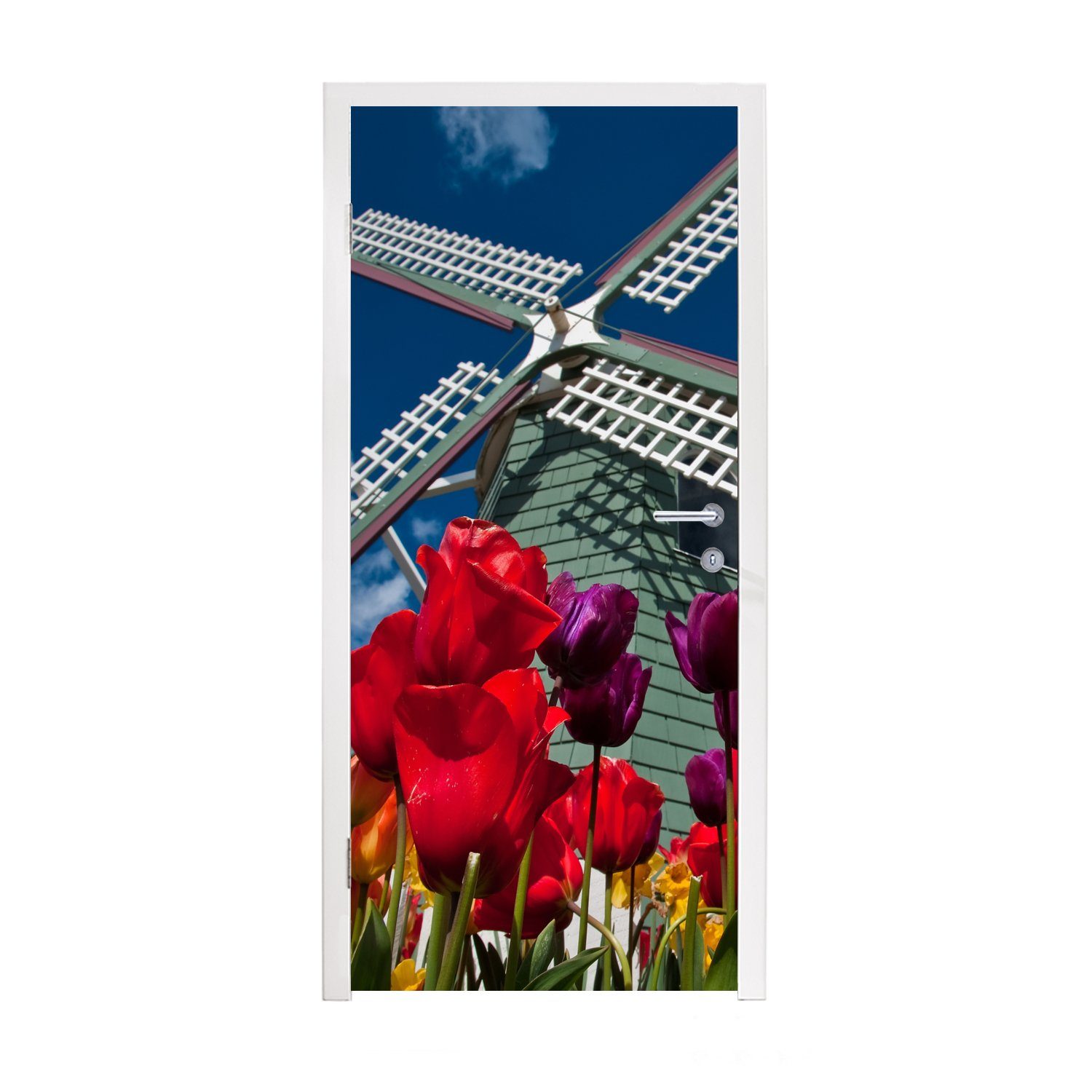 MuchoWow Türtapete Tulpen vor einer Mühle, Matt, bedruckt, (1 St), Fototapete für Tür, Türaufkleber, 75x205 cm