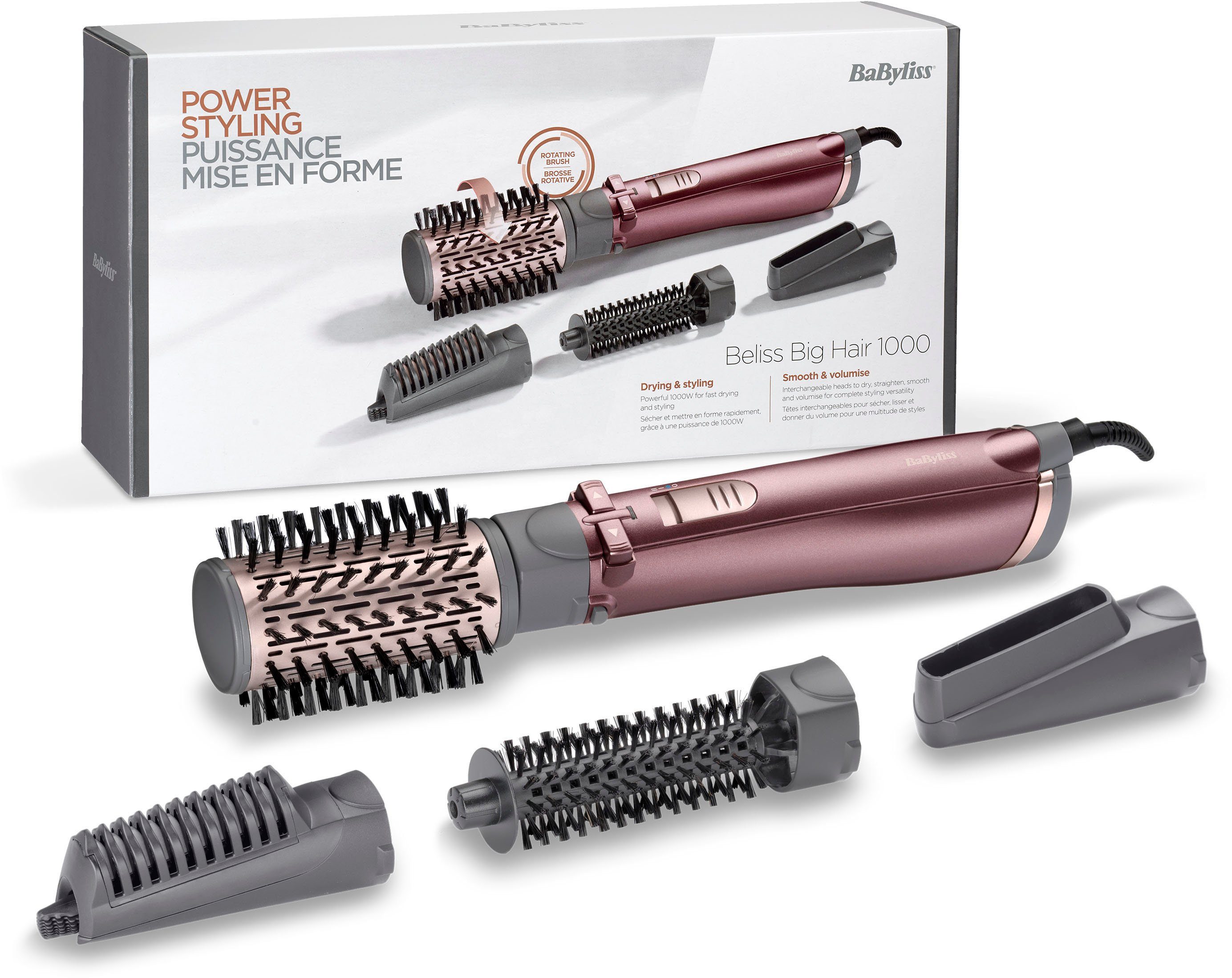 BaByliss Warmluftbürste AS960E Beliss Big Hair, rotierender Heißluftstyler mit 4 Aufsätzen inkl.Tasche