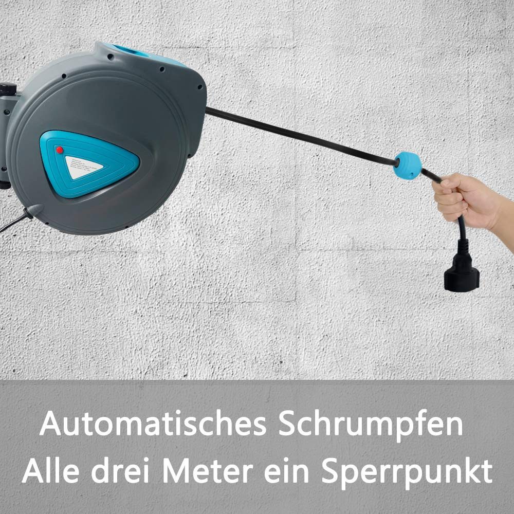 FIVMEN 20m Outdoor Automatik Kabelaufroller mti Überlastschutzthermostat Kabeltrommel (selbstaufrollend Elektrische Trommel 180° drehbar Wandhalterung)