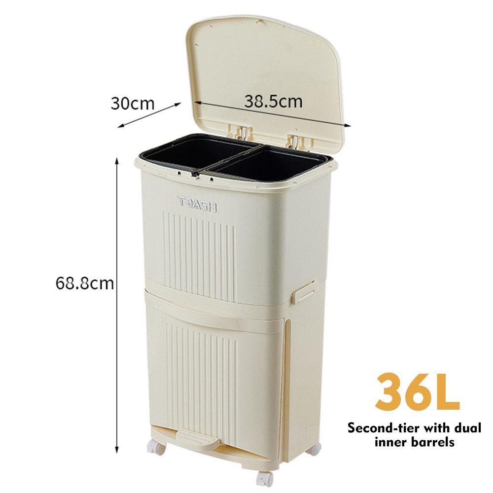 POPOLIC Mülleimer 36-Liter-Mülleimer mit Fußdeckel, 2 Inneneimern und Rädern