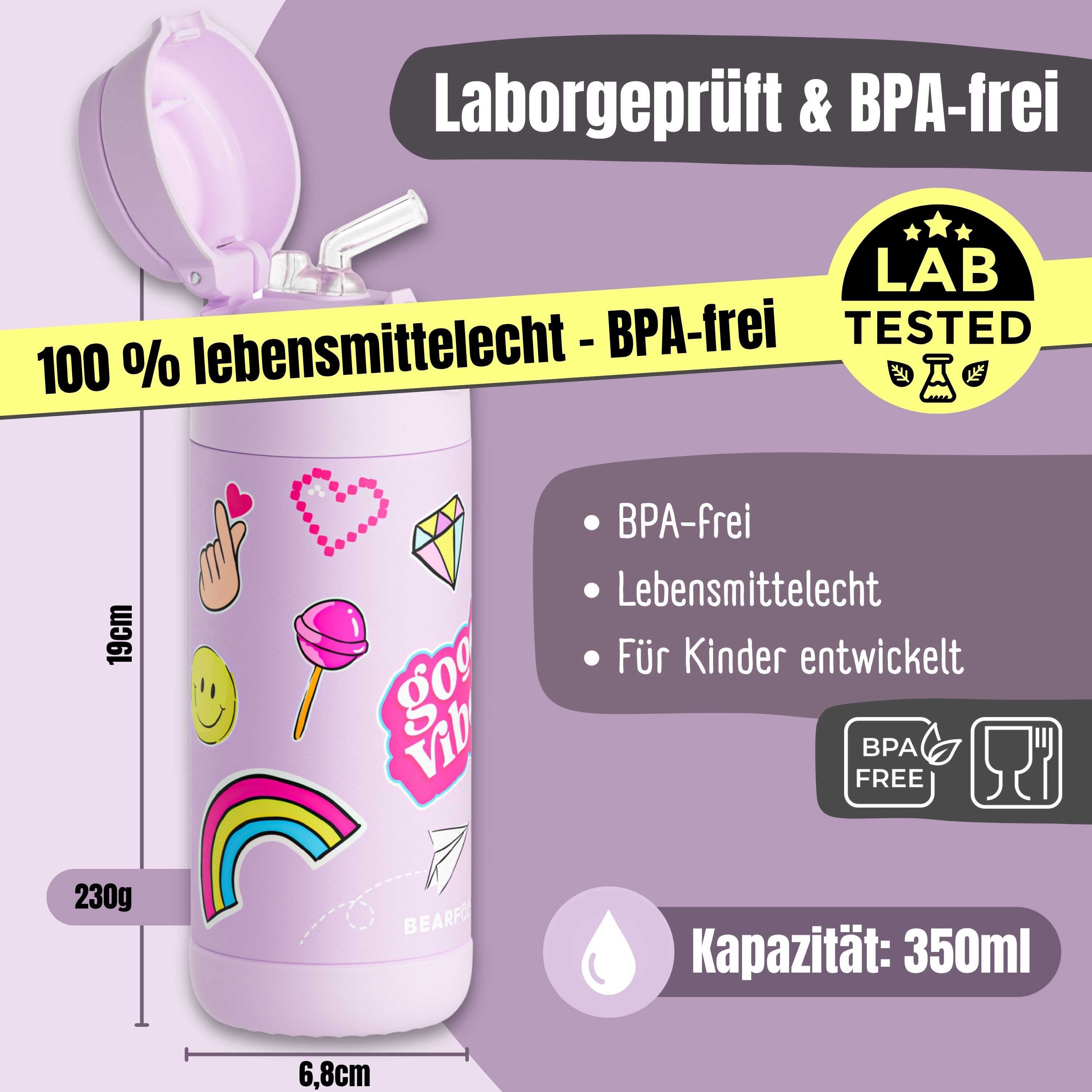 BEARFOOT Trinkflasche Thermo Kinder Trinkflasche Edelstahl - Sticker lila, Thermosflasche, auslaufsicher, Edelstahl, Kinderflasche, BPA-frei – Bild 5 von 5