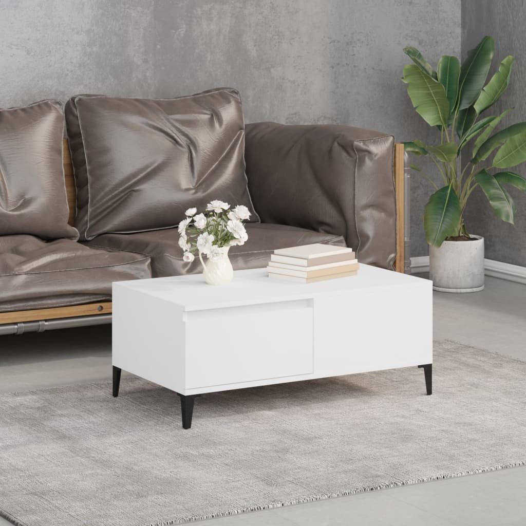 furnicato Couchtisch Weißer aus Holzwerkstoff und Metall 90 x 50 x 36,5 cm (1-St), Wohnzimmertisch mit geräumiger Schublade für Bücher und Zeitschriften