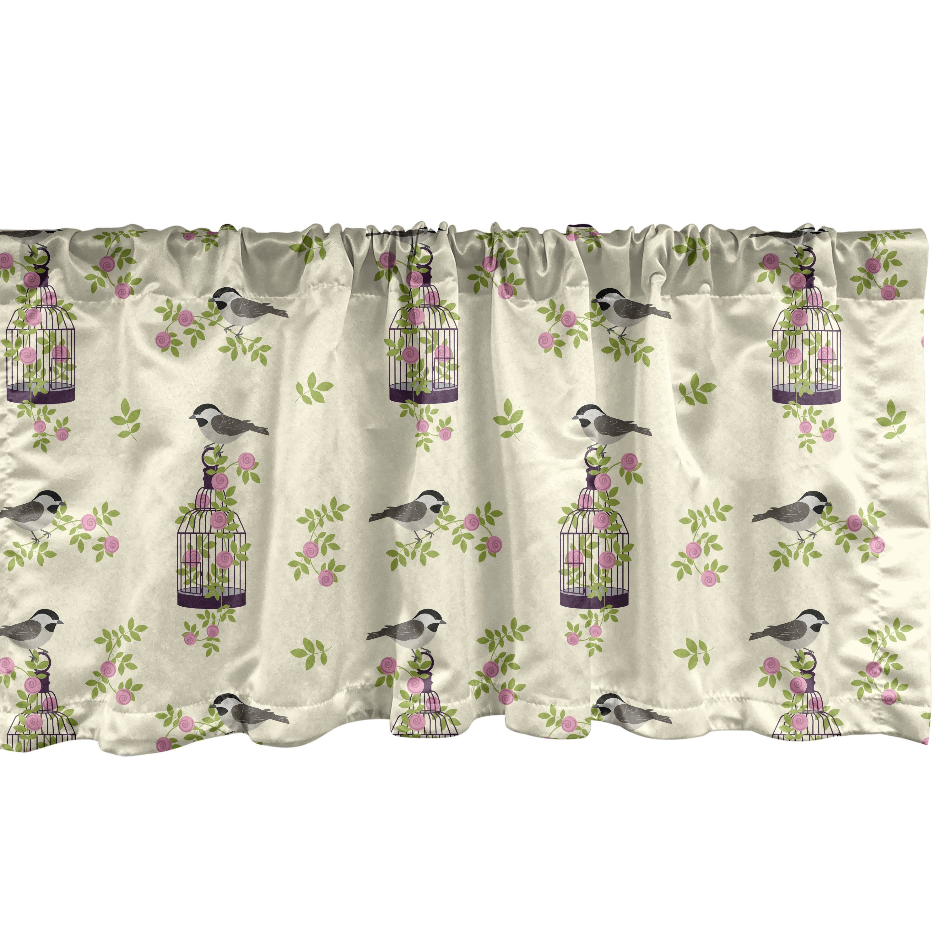Scheibengardine Vorhang Volant für Küche Schlafzimmer Dekor mit Stangentasche, Abakuhaus, Microfaser, Blumen Vögel Käfige und Rosen-Blätter