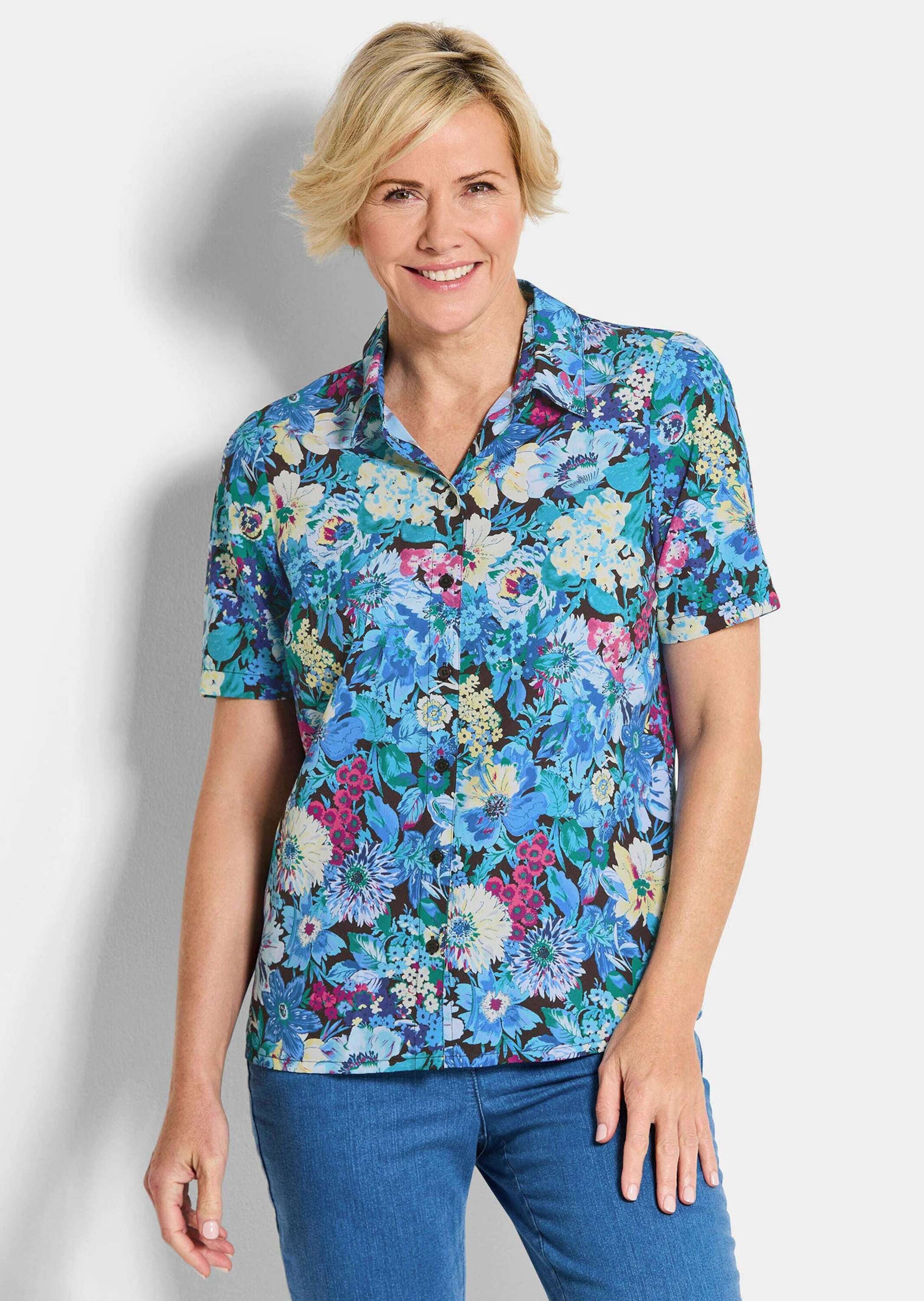 GOLDNER Hemdbluse Blusenshirt mit floralem Print Druckbluse mit Hemdkragen, Knopfleiste und Halbarm