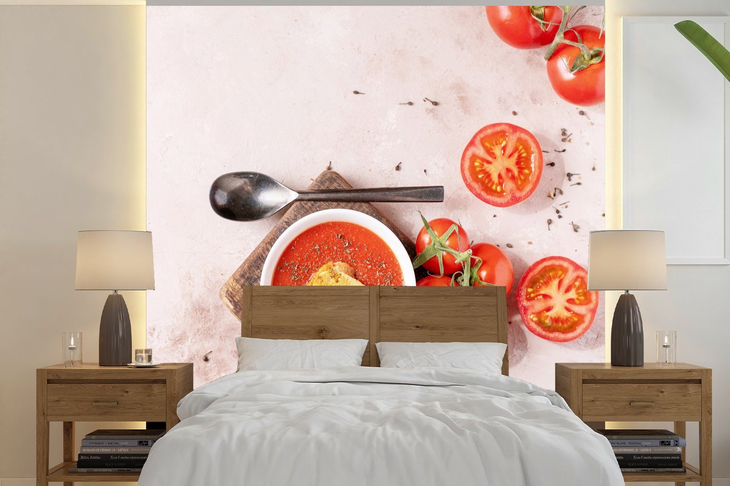 MuchoWow Fototapete Tomate - Suppe - Küche - Kräuter, Matt, bedruckt, (5 St), Vinyl Tapete für Wohnzimmer oder Schlafzimmer, Wandtapete