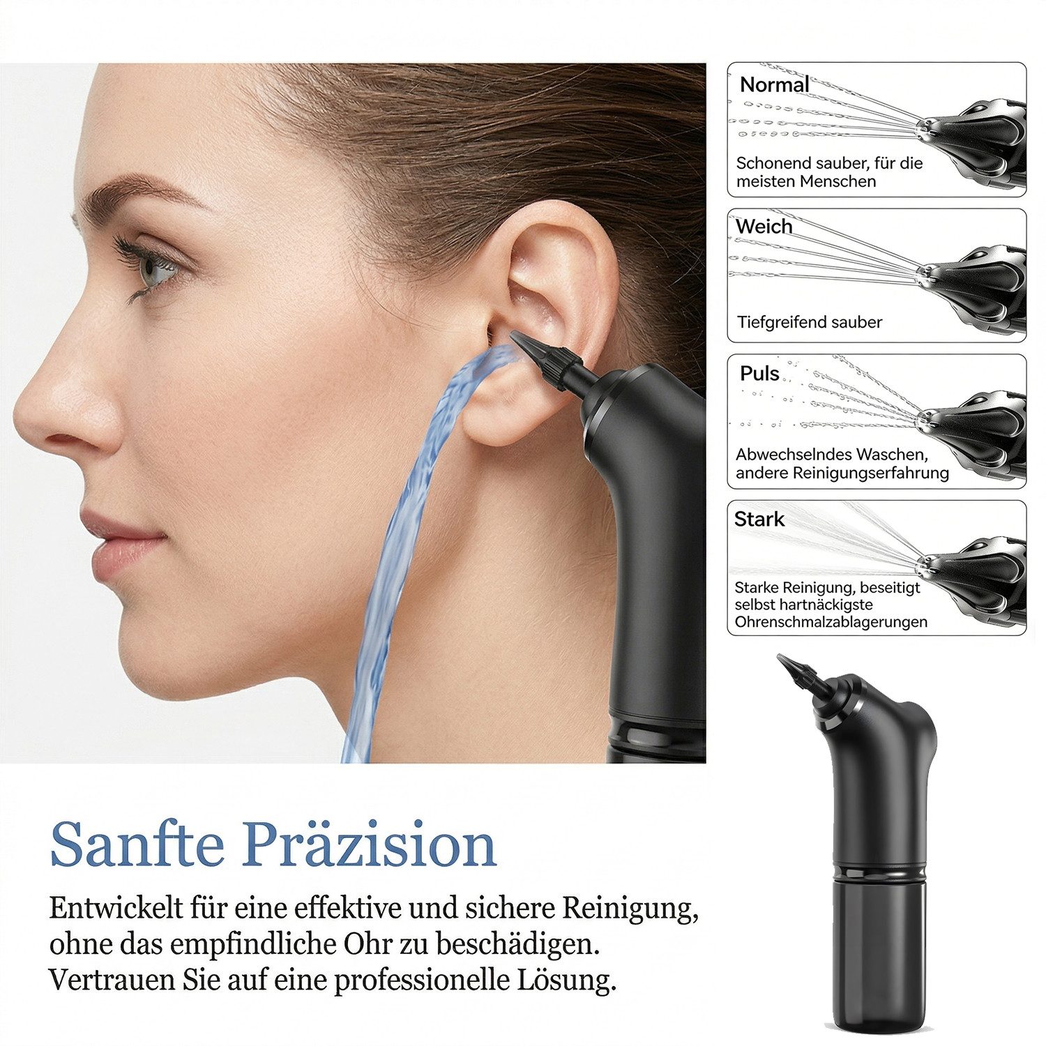 AKKEE Ohrenreiniger Elektrischer Ohrreiniger mit 4 Modi, für sanfte Spülung, 2000-mAh, Ohrreiniger Set, Elektrischer Ohrreiniger Mit Düsen Und Ladekabel
