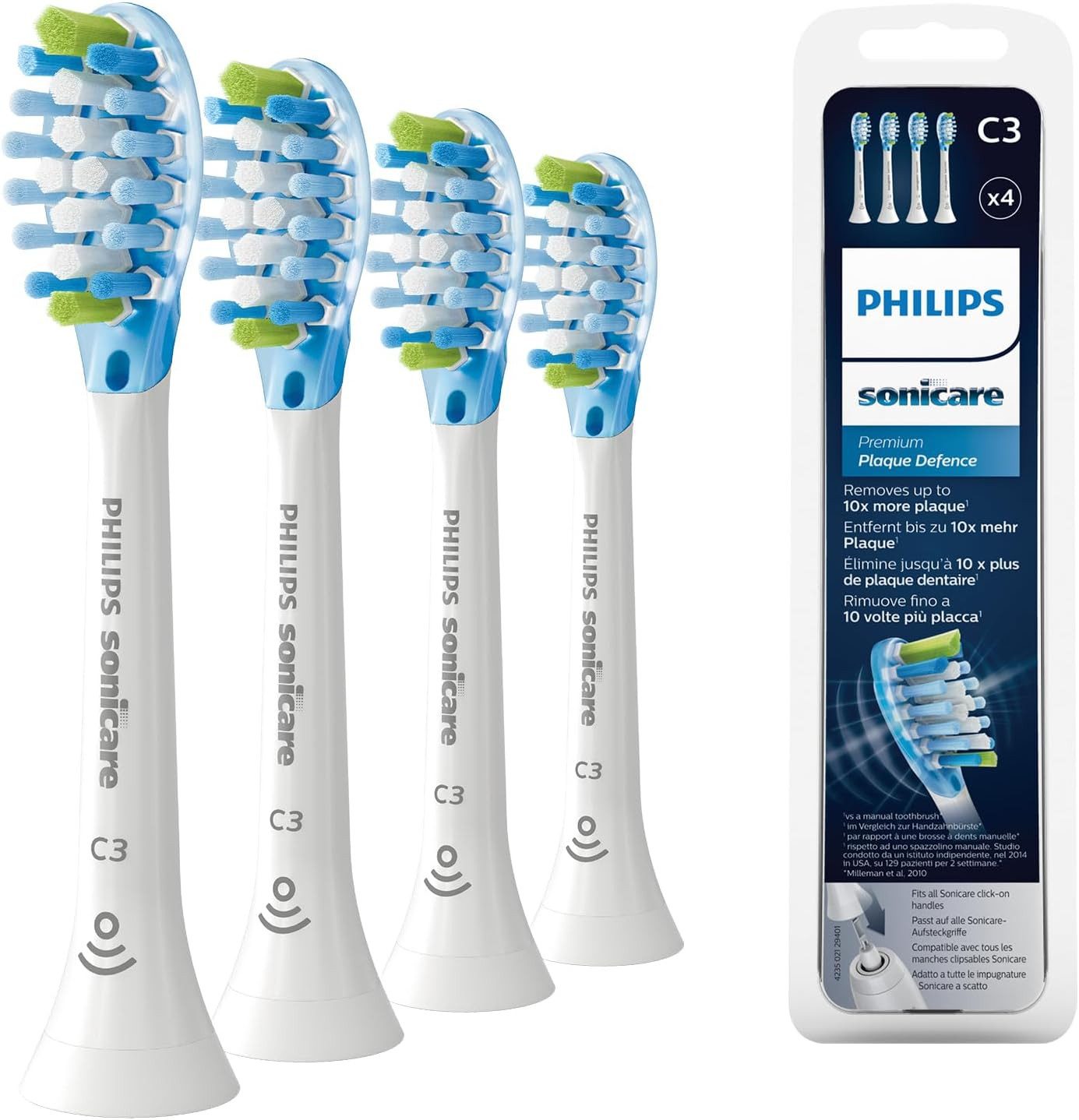 Philips Sonicare Щетки C3 Premium Plaque Defence, Spar-Set, für elektrische Zahnbürste, 4 Bürstenköpfe Weiß mit Smart-Bürstenkopferkennung