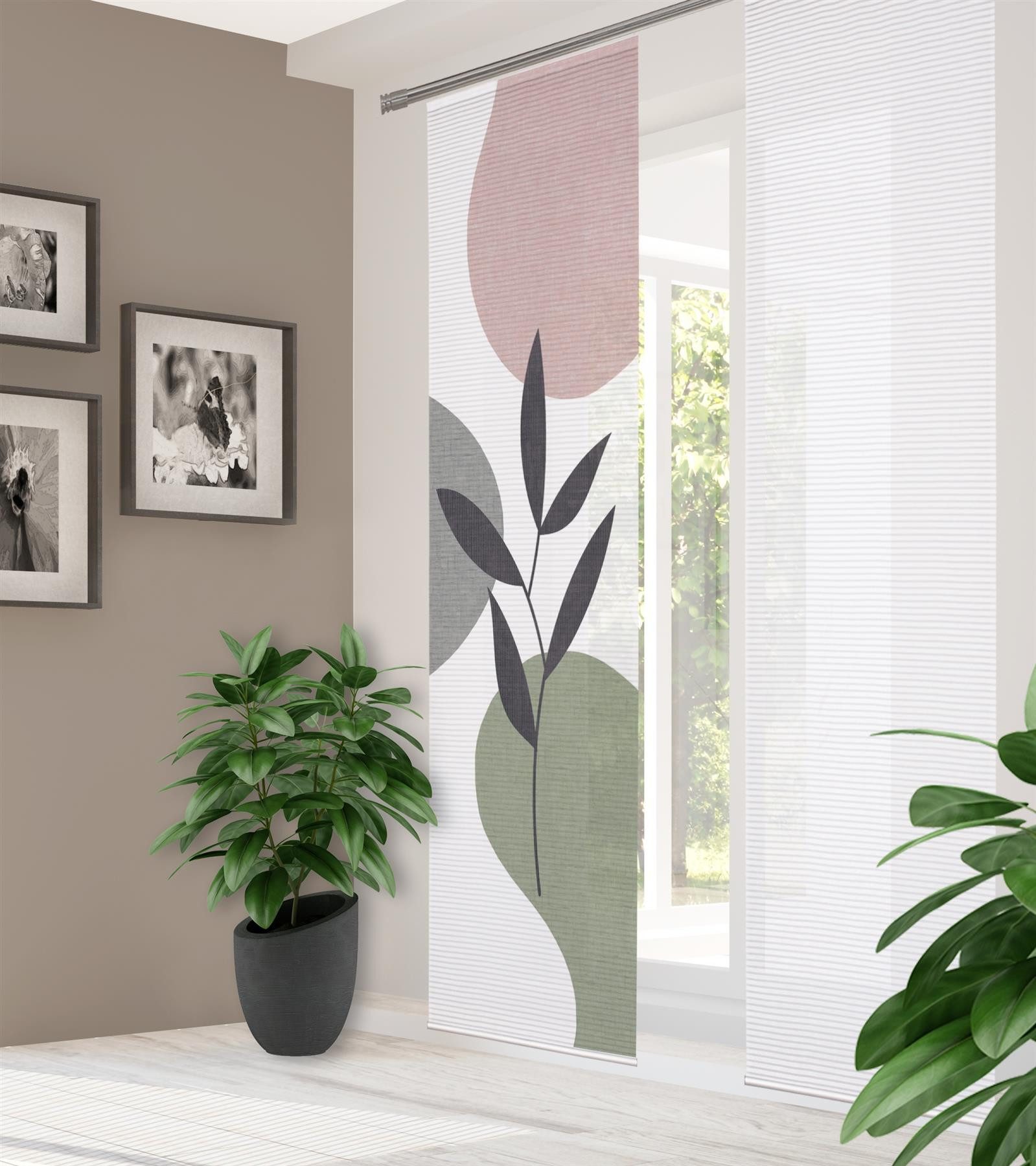 HOME in green Schiebegardine Home In Green Schiebevorhang Bambusoptik Recycelt Digitaldruck Fronda (1 St), Kunstfaser, 1x Schiebewand inkl. Paneelwagen und Klemmleiste Rose Grün