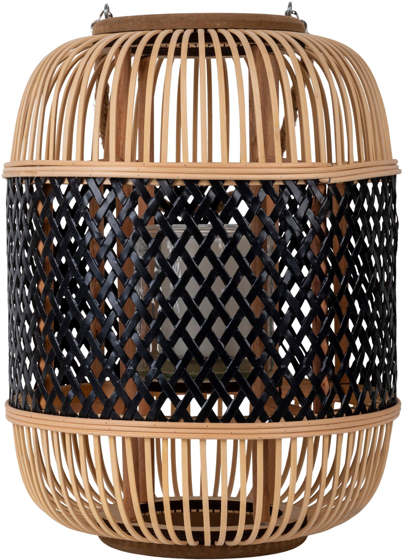 näve LED Dekolicht Korbinian, Tageslichtsensor, LED fest integriert, Warmweiß, Rattankorb natur/schwarz mit Griff inkl. Solarkerze mit Flammeneffekt