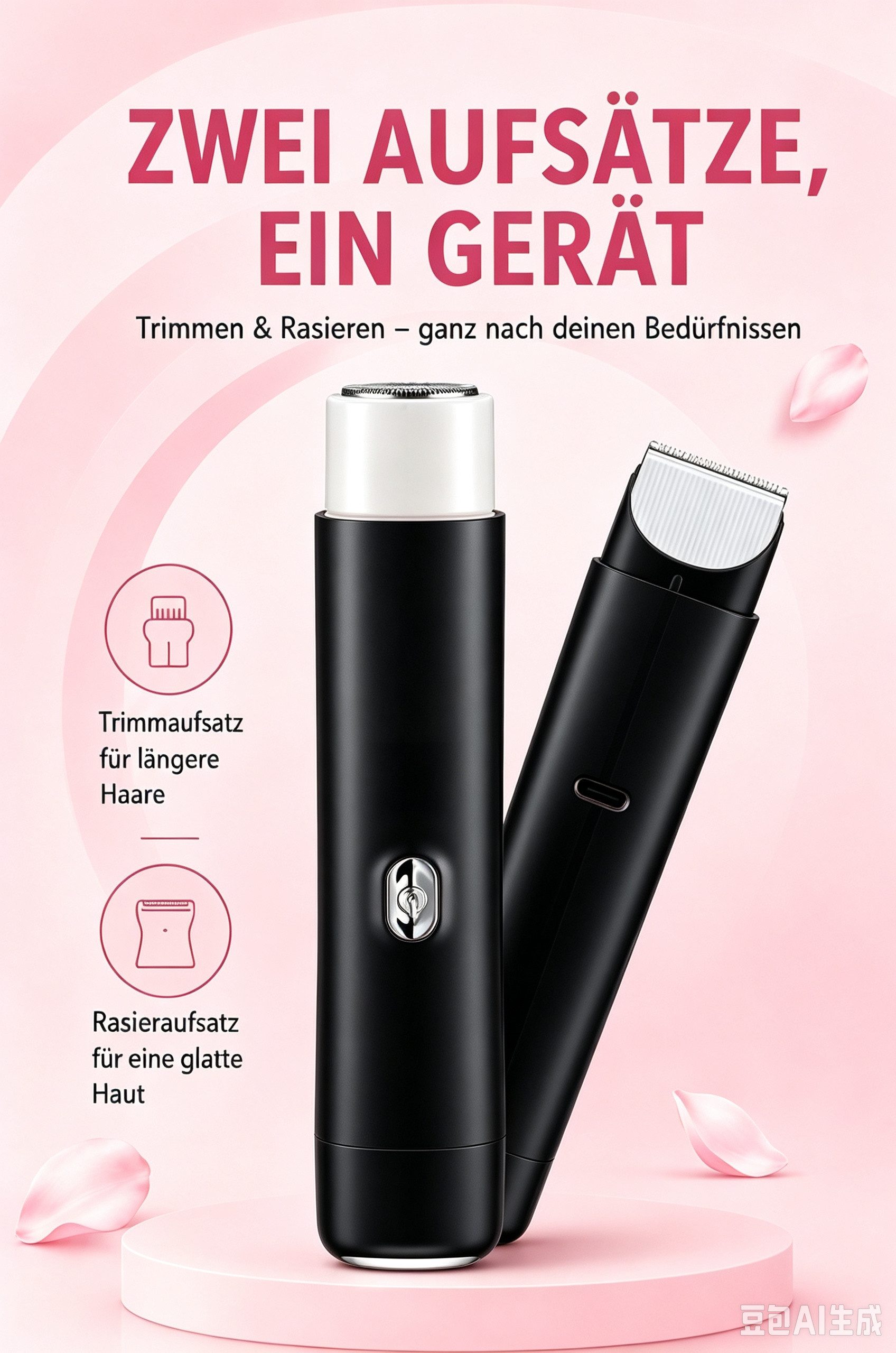 Fyrove Körper- und Bikinitrimmer 2-in-1 Damen, Trimmer + Folienrasierer, USB-C, LED, 5 Aufsätze, Rosa – Bild 4 von 5