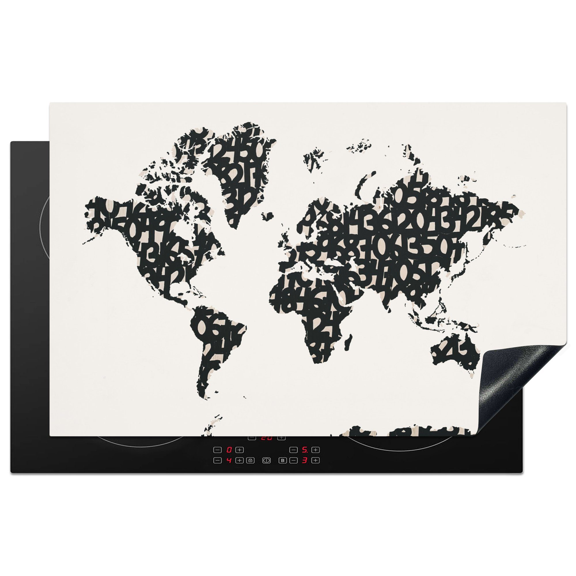 MuchoWow Herdblende-/Abdeckplatte Weltkarte - Zahlen - Weiß, Vinyl, (1 tlg), 81x52 cm, Induktionskochfeld Schutz für die küche, Ceranfeldabdeckung