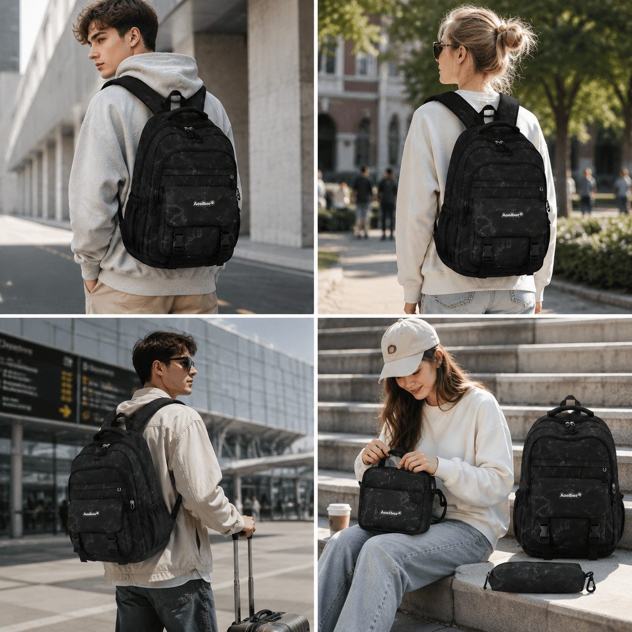 Toomoke Schulrucksack 3tlg Rucksack Set mit Umhängetasche Federmäppchen Schulrucksack (Vielseitiges Taschen Set, mit großem Stauraum, mehreren Fächern und modernem Marmordesign), für Schule, Arbeit und Freizeit