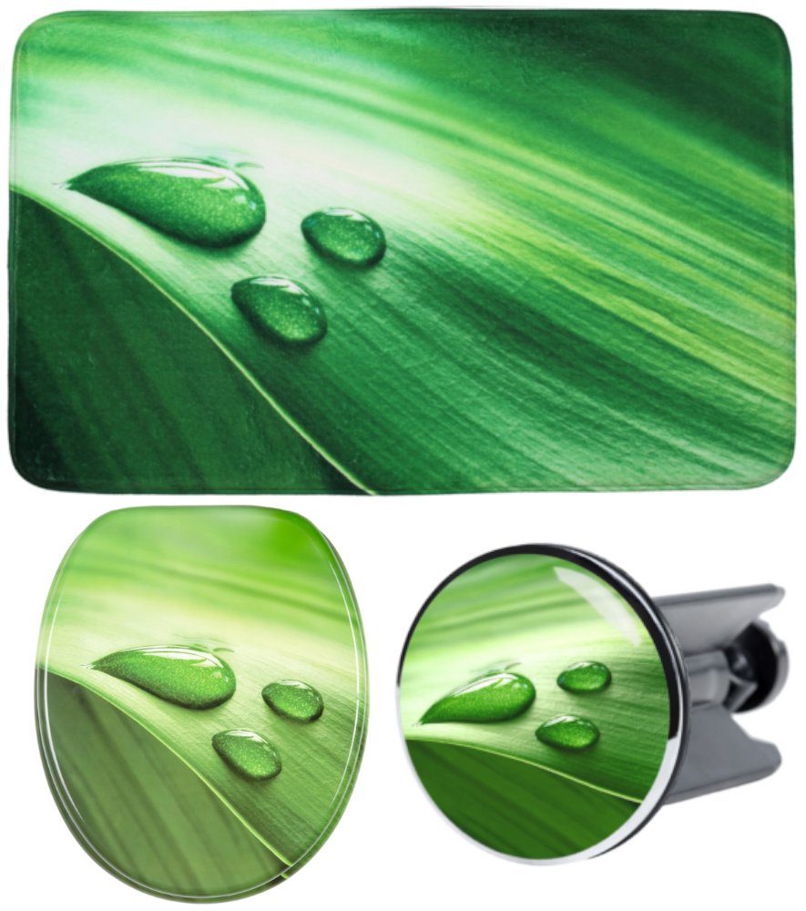 Sanilo Badaccessoire-Set 3-teilig Green Leaf, WC-Sitz mit Absenkautomatik, Badteppich 70 x 110 cm, Waschbeckenstöpsel, 3 tlg., hochwertig & modern, universell, leichte Montage