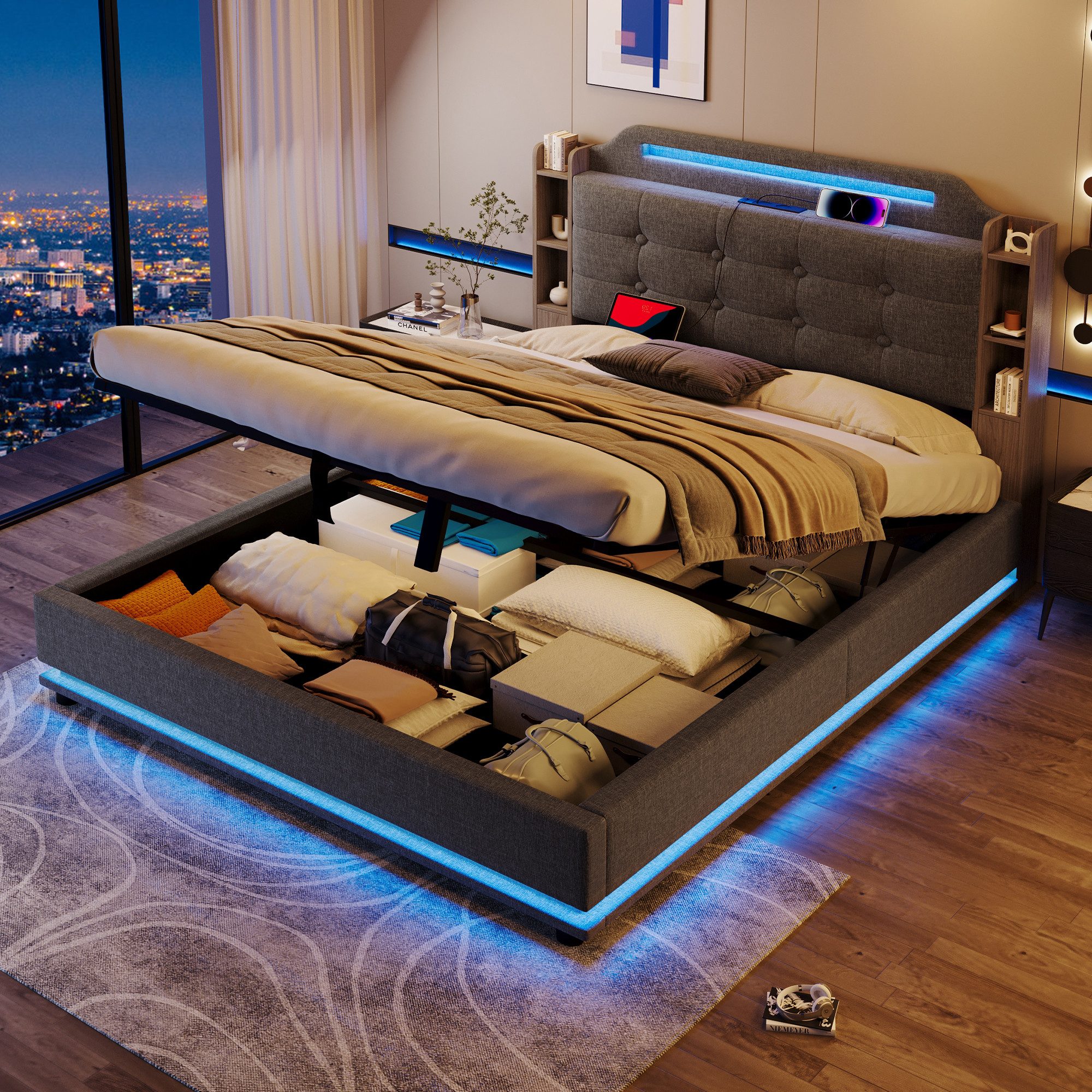 Ulife Polsterbett Hydraulisches Stauraumbett, Jugendbett mit LED-Lichtleist günstig online kaufen