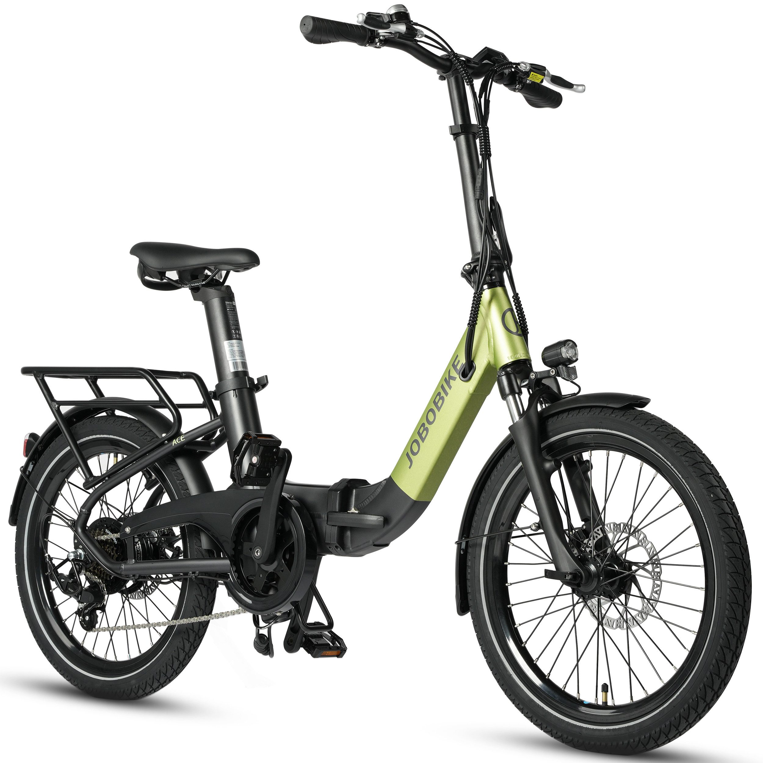 JOBOBIKE E-Bike Klapprad 20 Zoll Faltrad Ace, E-Cityrad 22kg, 360Wh Sitzrohrbatterie, 50-90km, 7 Gang Shimano, Kettenschaltung, Heckmotor, 360 Wh, (mit Akku-Ladegerät, mit Bluetooth), Faltbares Elektrofahrrad für Damen und Herren, Scheibenbremsen