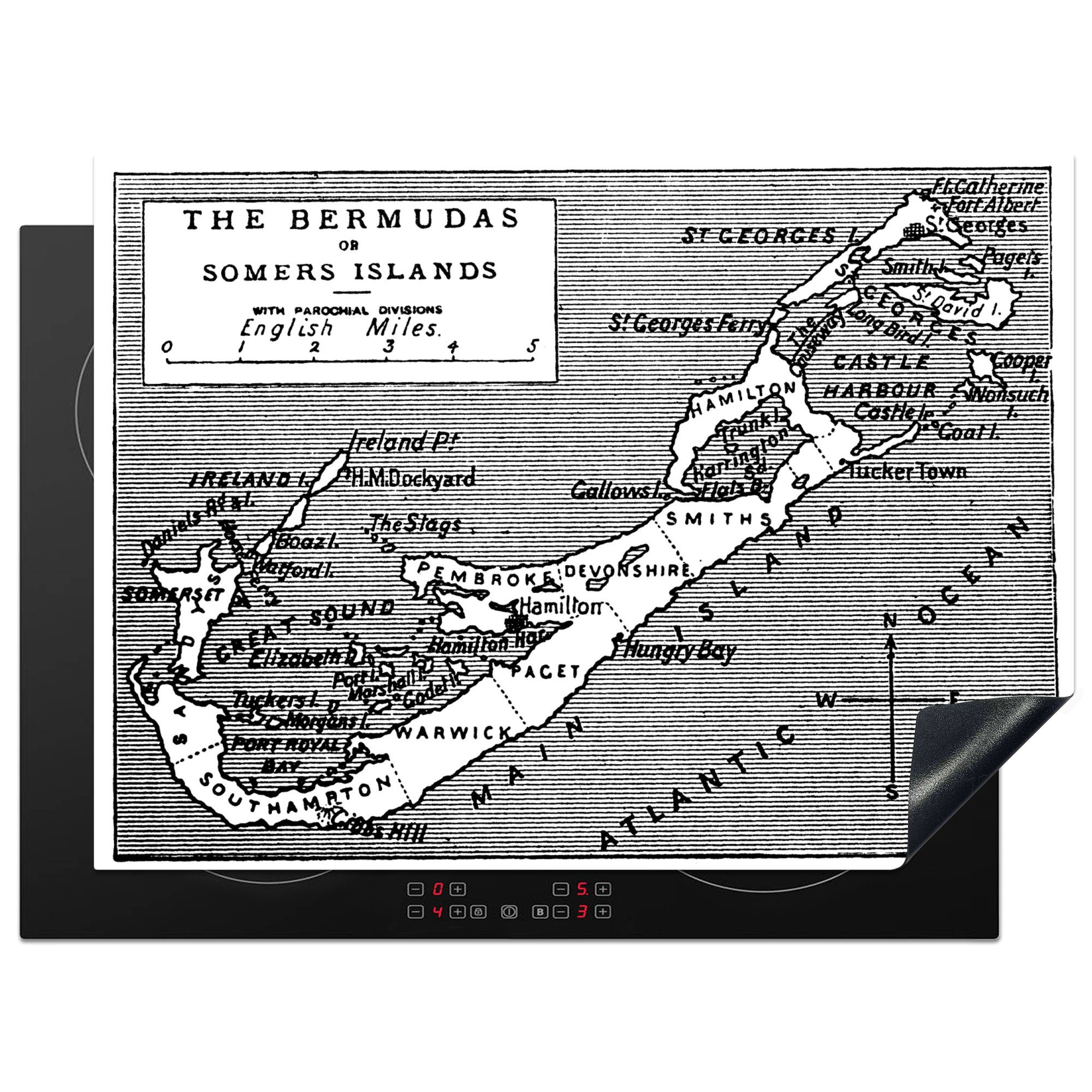 MuchoWow Herdblende-/Abdeckplatte Eine schwarz-weiße Vinyl, Arbeitsfläche von tlg), 70x52 einer nutzbar, Mobile Illustration Ceranfeldabdeckung antiken Karte Bermuda, cm, (1