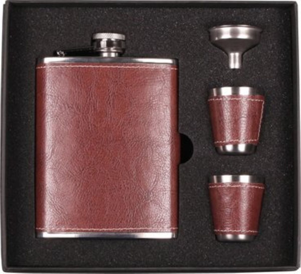 meytrade Flachmann Geschenkset chrom Lederoptik braun mit Trinkbecher Trichter & Kompass, in einer Geschenkbox