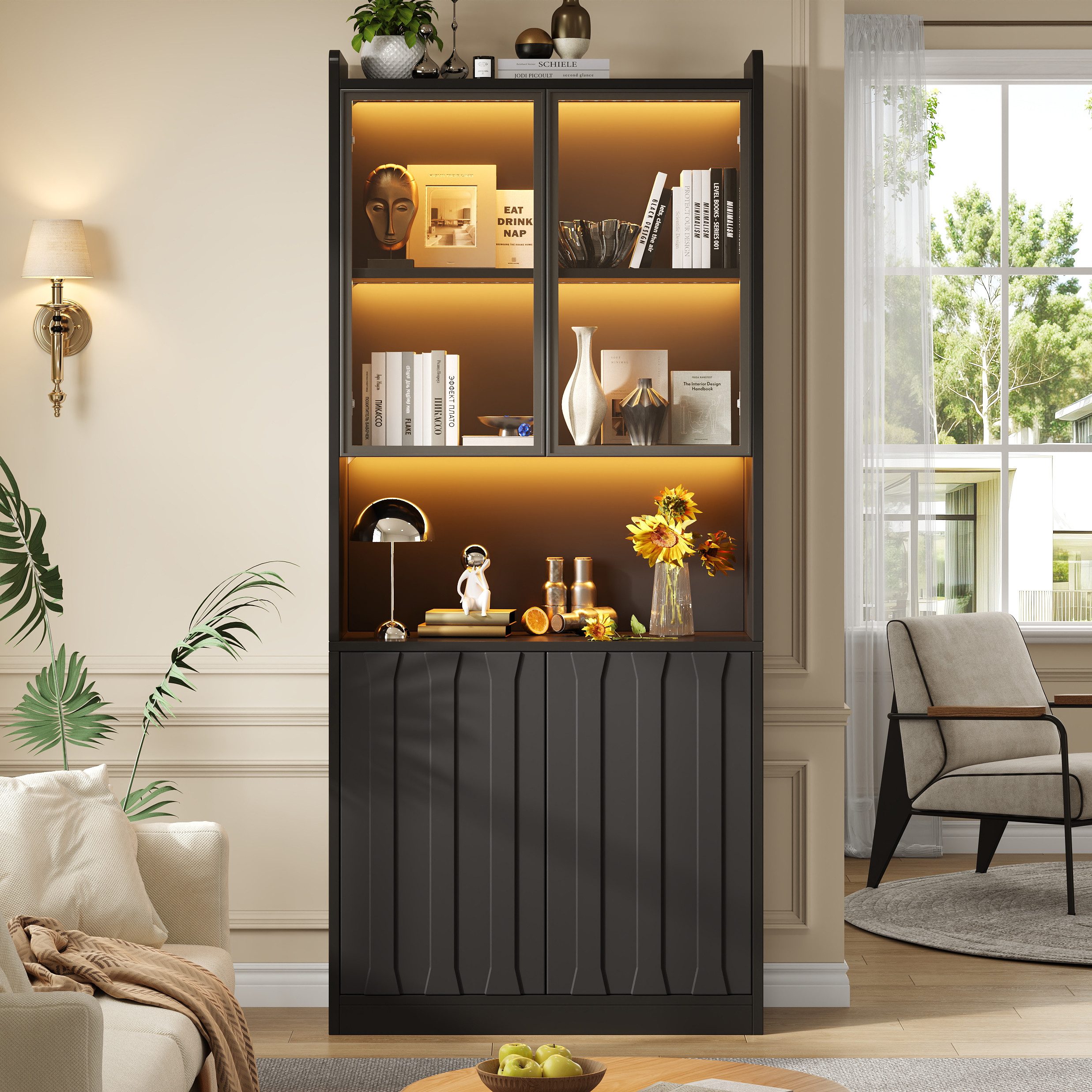 Merax Vitrine mit LED-Beleuchtung, Wohnzimmerschrank Standvitrine (80Lx35Bx200Hcm, 1-St) Hochschrank mit Glastüren, 5 Fächer & verstellbare Einlegeböden