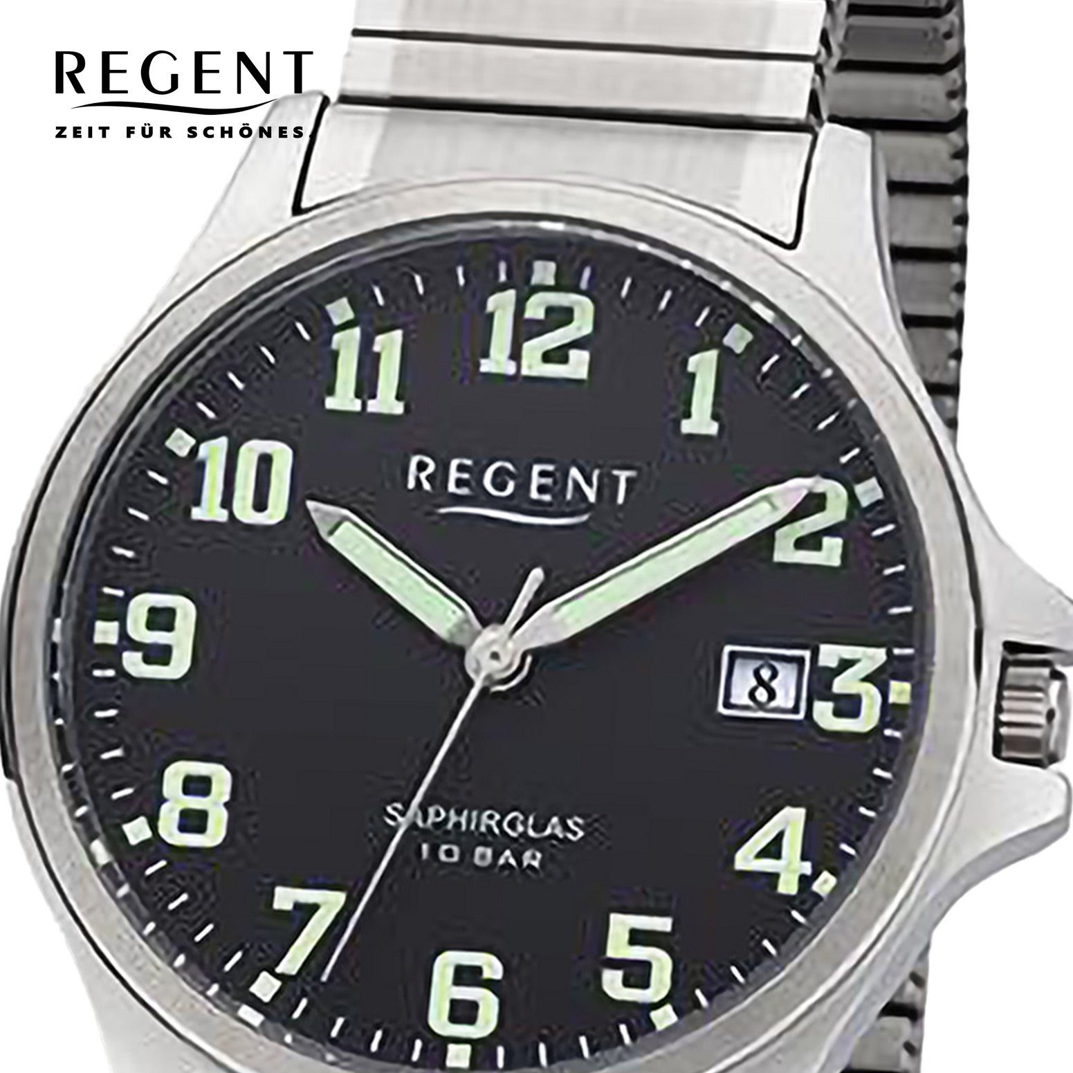 Edelstahlarmband Armbanduhr Regent (ca. 36mm), rund, silber, Quarzuhr groß Regent Herren Analog, Armbanduhr schwarz Herren extra
