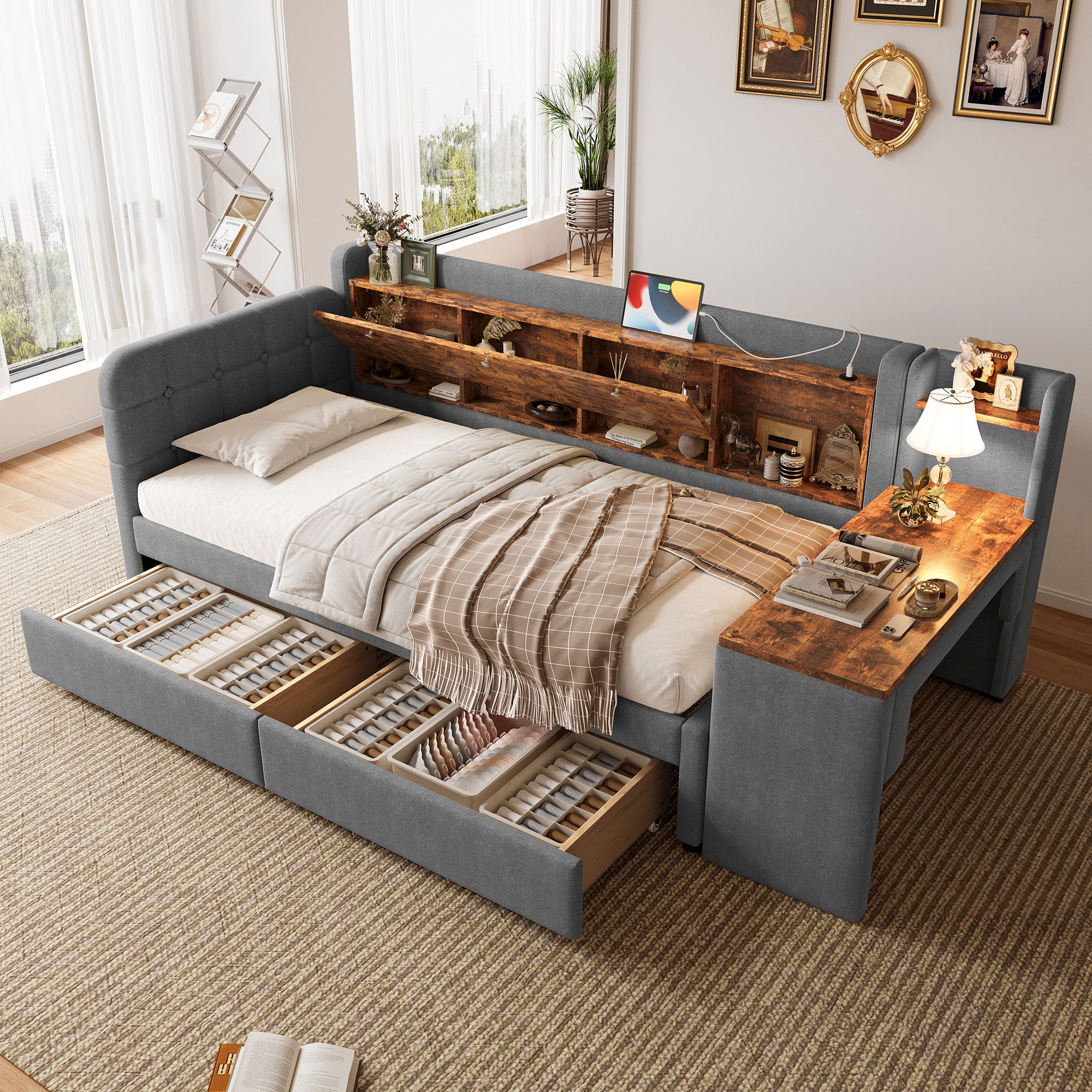 SOFTWEARY Stauraumbett mit Schreibtisch (90x200 cm, Lattenrost, Regal, Schubladen, USB und Type-C Anschluss), Einzelbett, Polsterbett, Leinen