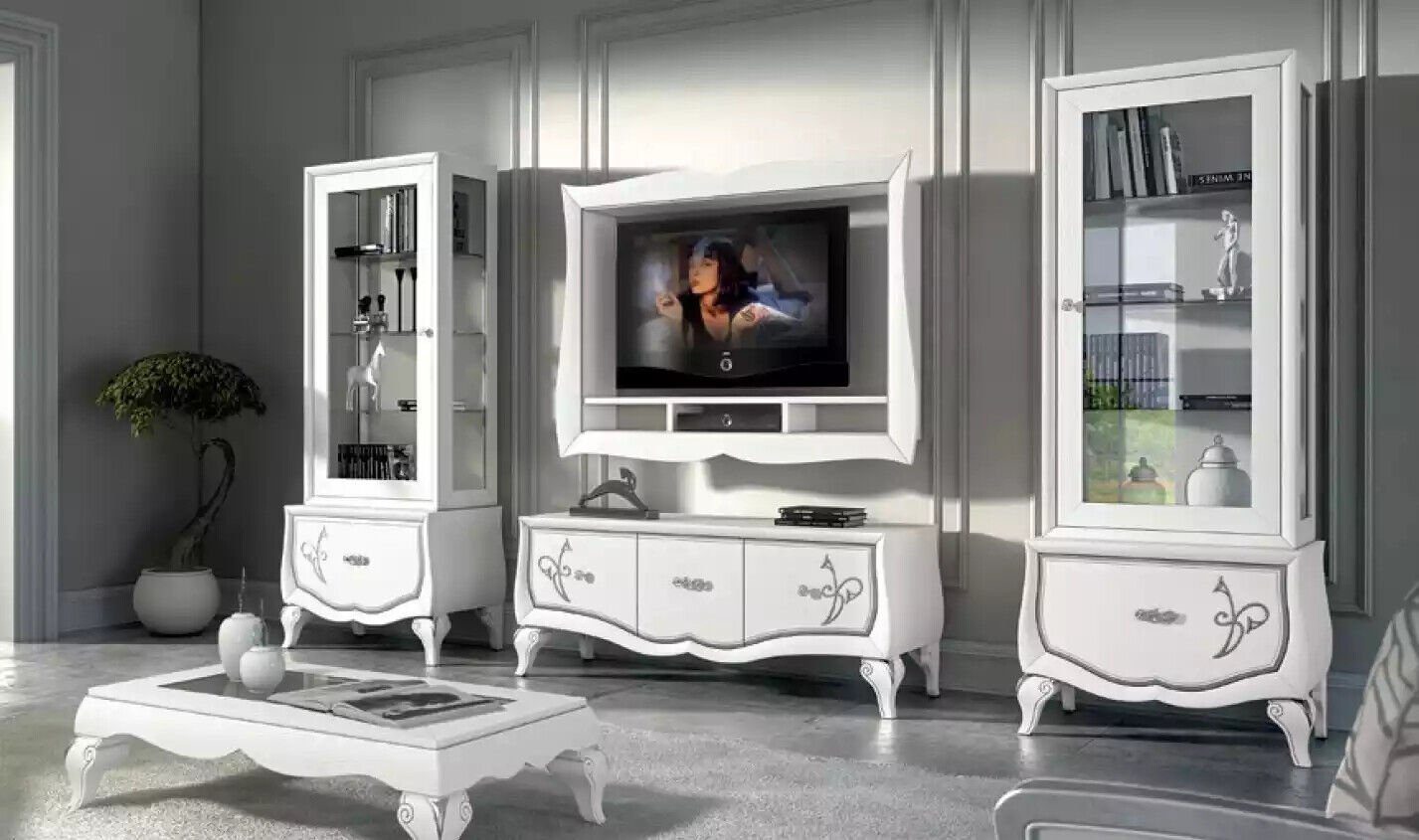 TV-Rahmen + + (4-St., Made in Design Vitrine Wohnzimmer-Set Wohnzimmer 2x Set Wohnwand, Italy Lowboard Vitrine 2x Nur JVmoebel Wandregal TV-Rahmen),