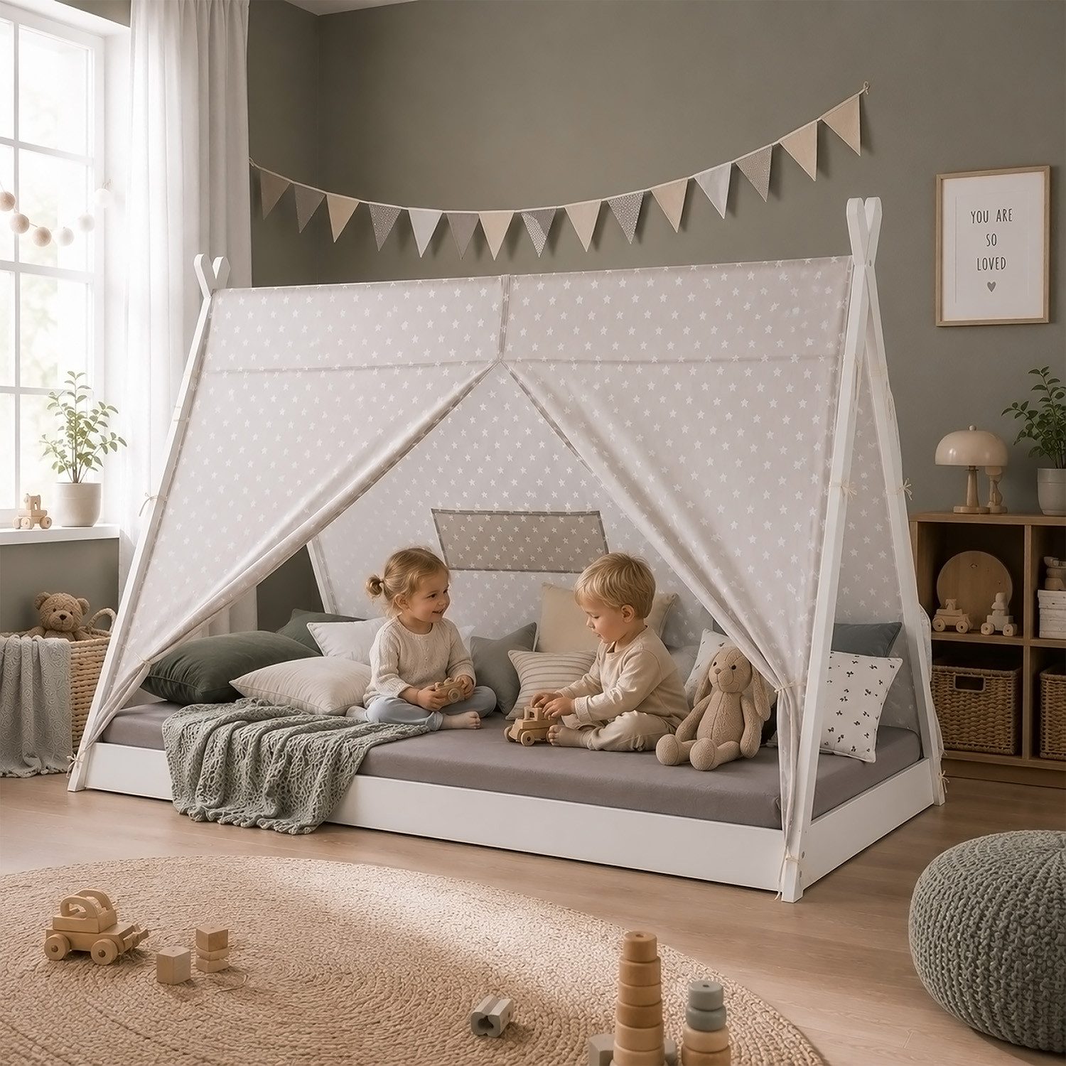 Homestyle4u Kinderbett 90x200 Hausbett mit niedrigem Dach mit Schubladen Zelt Junge Mädchen (Set, mit Lattenrost), Kinderbett