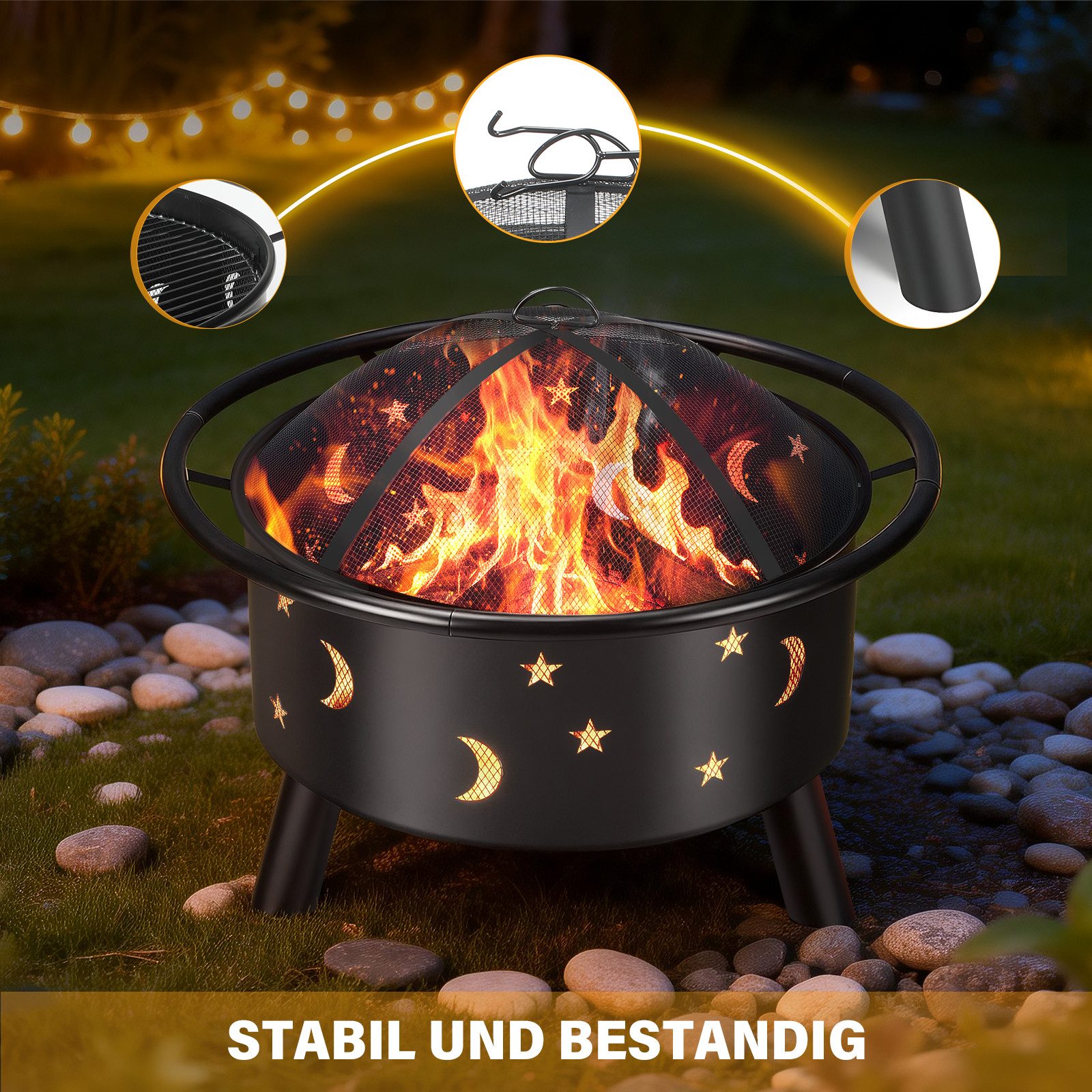 oyajia Feuerschale 73,5cm BBQ Feuerkorb Garten mit Grillrost, (2-in-1 Feuerschale Outdoor aus Stahl, Inkl. Funkenschutz & Zubehör), Tragbar für Camping, Terrasse, Gartenparty & Lagerfeuer