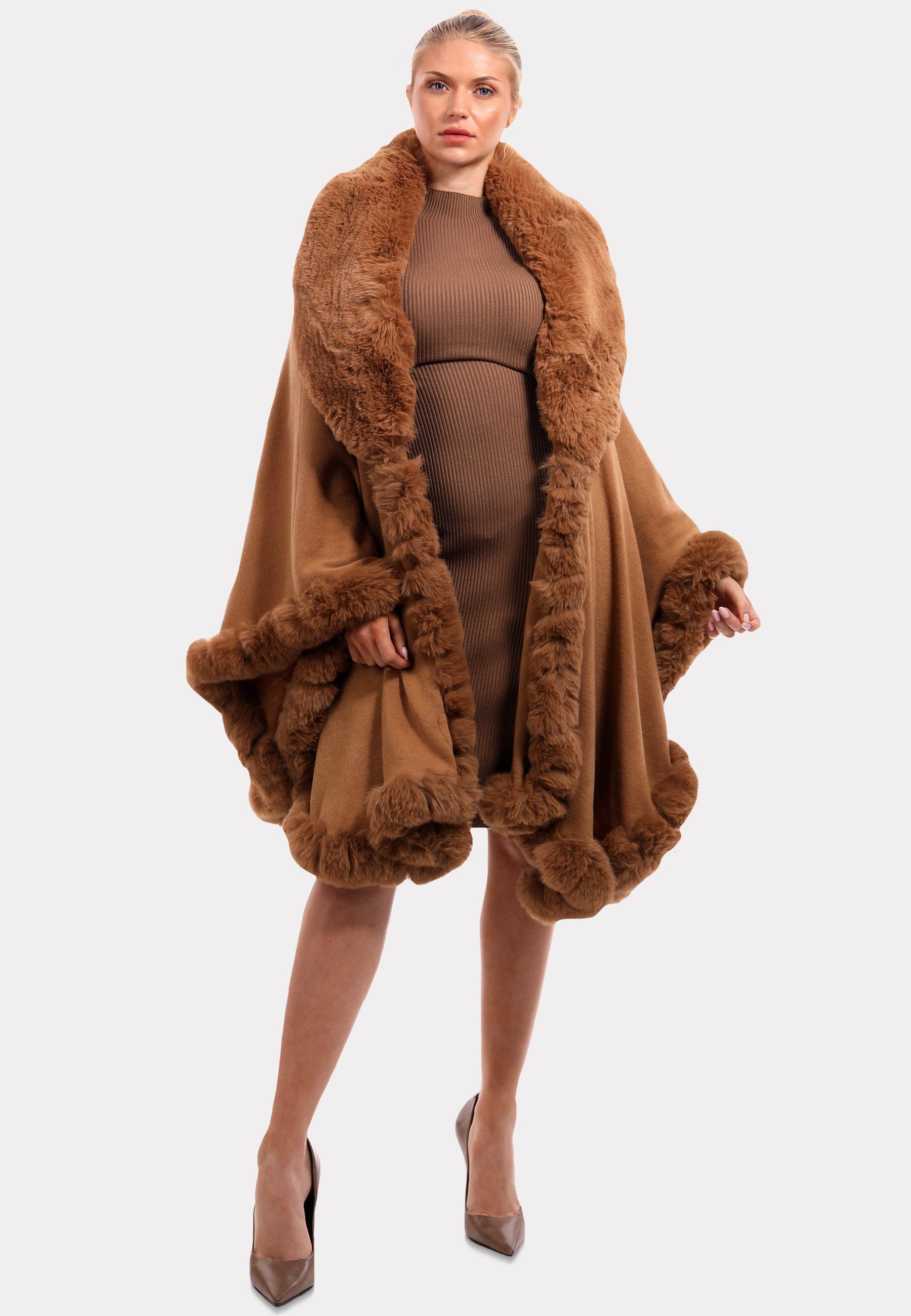 "Edler camel Unifarbe (1-St) Poncho mit Poncho & YC Luxuriösem Fashion Fließender Style in Kunstpelz-Besatz"