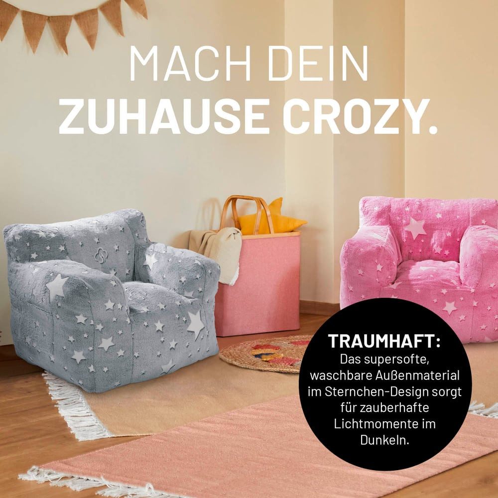 Lumaland Sitzsack Kinder Sessel Glow in The Dark, Kindersofa im Sternen-Design, Indoor Kindersessel fürs Kinderzimmer – Bild 4 von 5