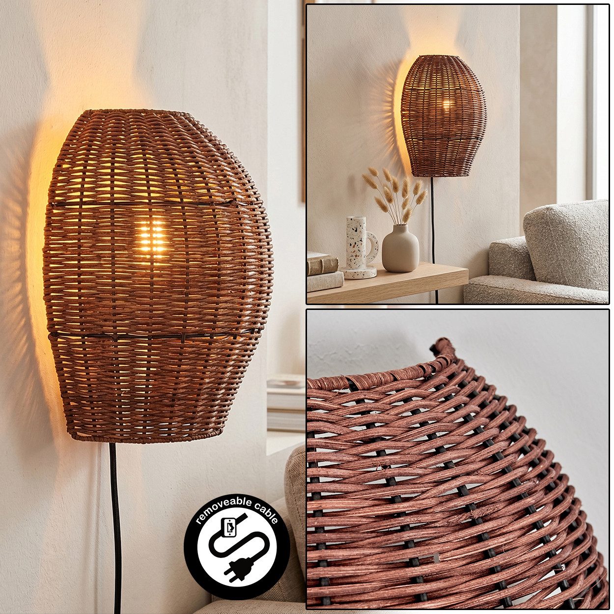 hofstein Wandleuchte Wandlampe aus Metall/Rattan in Schwarz/Dunkelbraun, ohne Leuchtmittel, Leuchte im Boho-Design mit Gitterschirm und Lichteffekt, E27