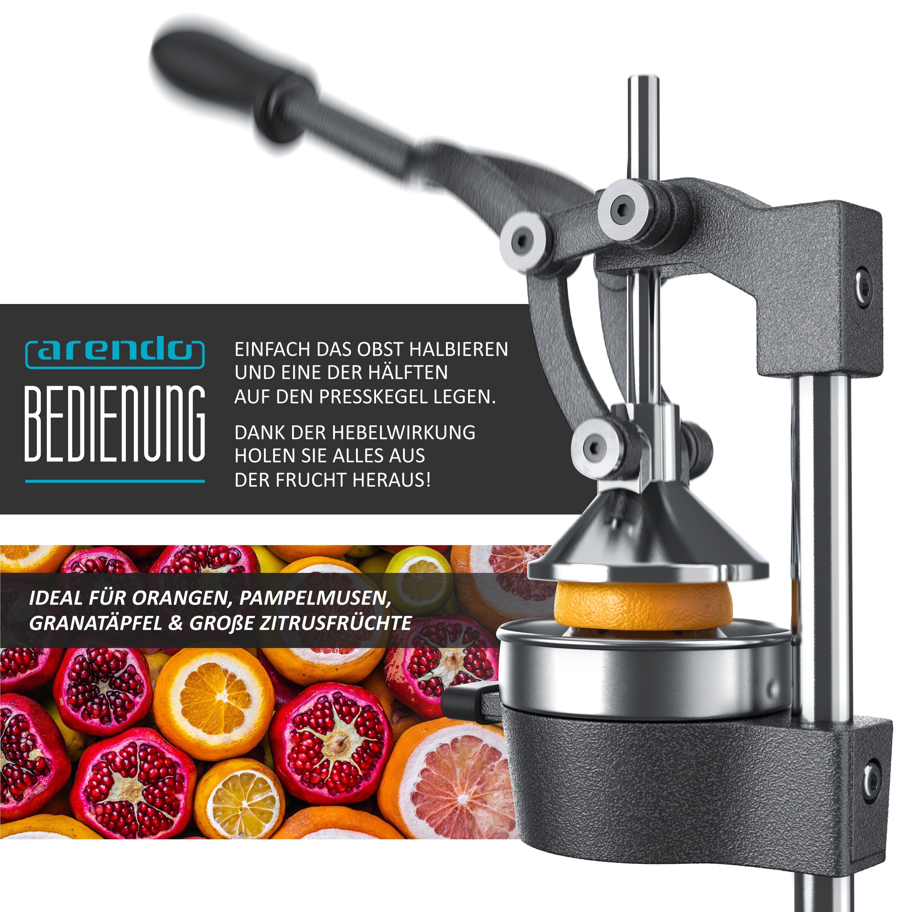 Arendo Obstpresse Handentsafter Edelstahl, mechanischer Entsafter, Orangenpresse, Edelstahl, Saftpresse, für Orangen Pampelmusen Zitrusfrüchte, massive Bauweise – Bild 4 von 5
