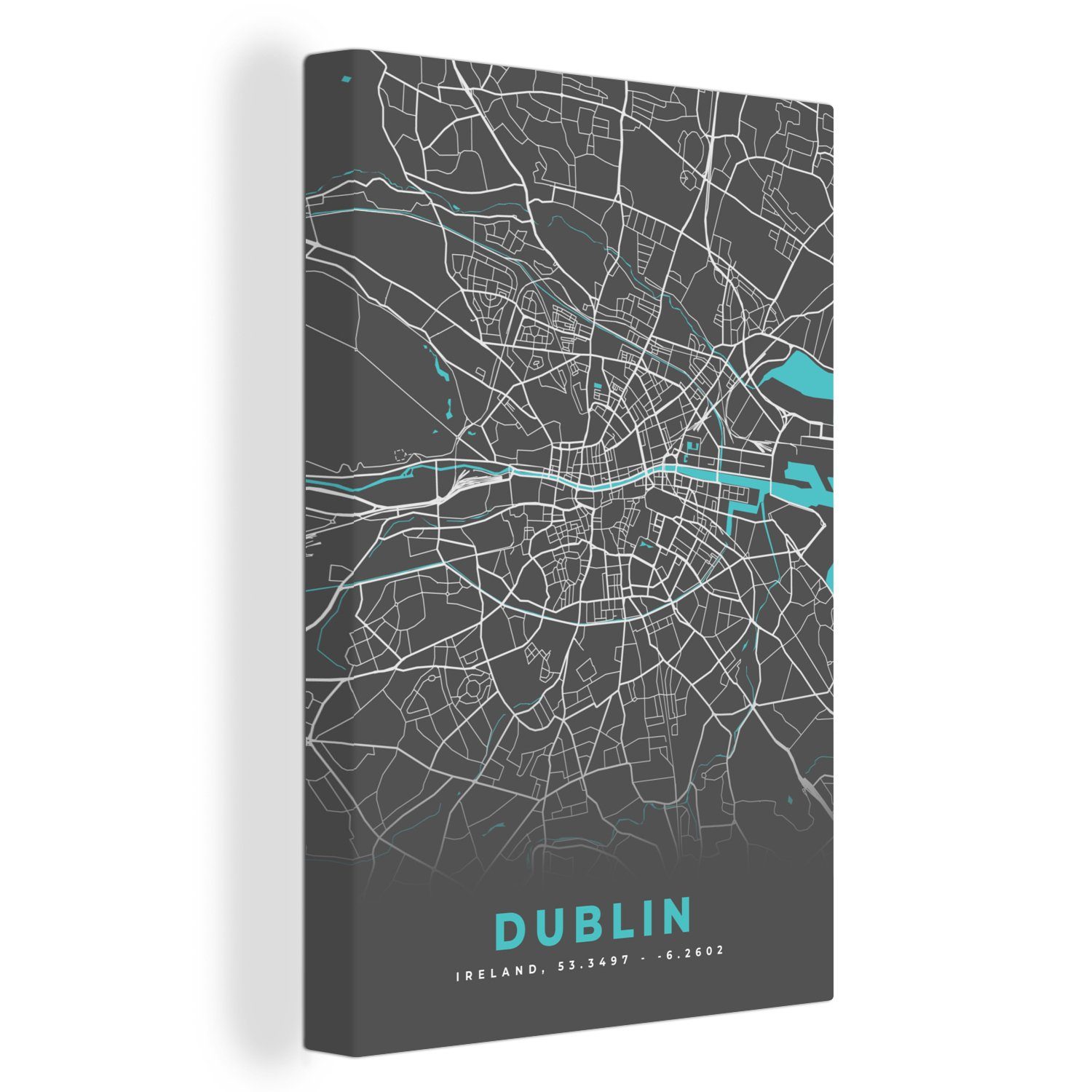 OneMillionCanvasses® Leinwandbild Dublin - Stadtplan - Karte - Blau, (1 St), Leinwandbild fertig bespannt inkl. Zackenaufhänger, Gemälde, 20x30 cm
