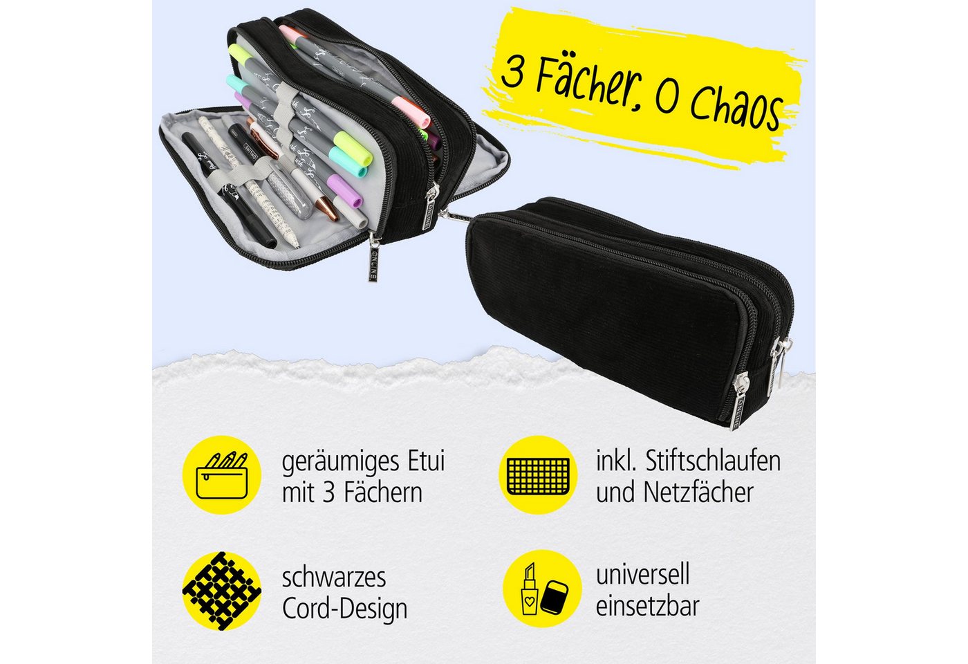 Thumbnail - Online Pen Federmäppchen Schlampermäppchen Triple, (Schwarze Federtasche für Jungen und Mädchen), 3 große Fächer, Stifte...