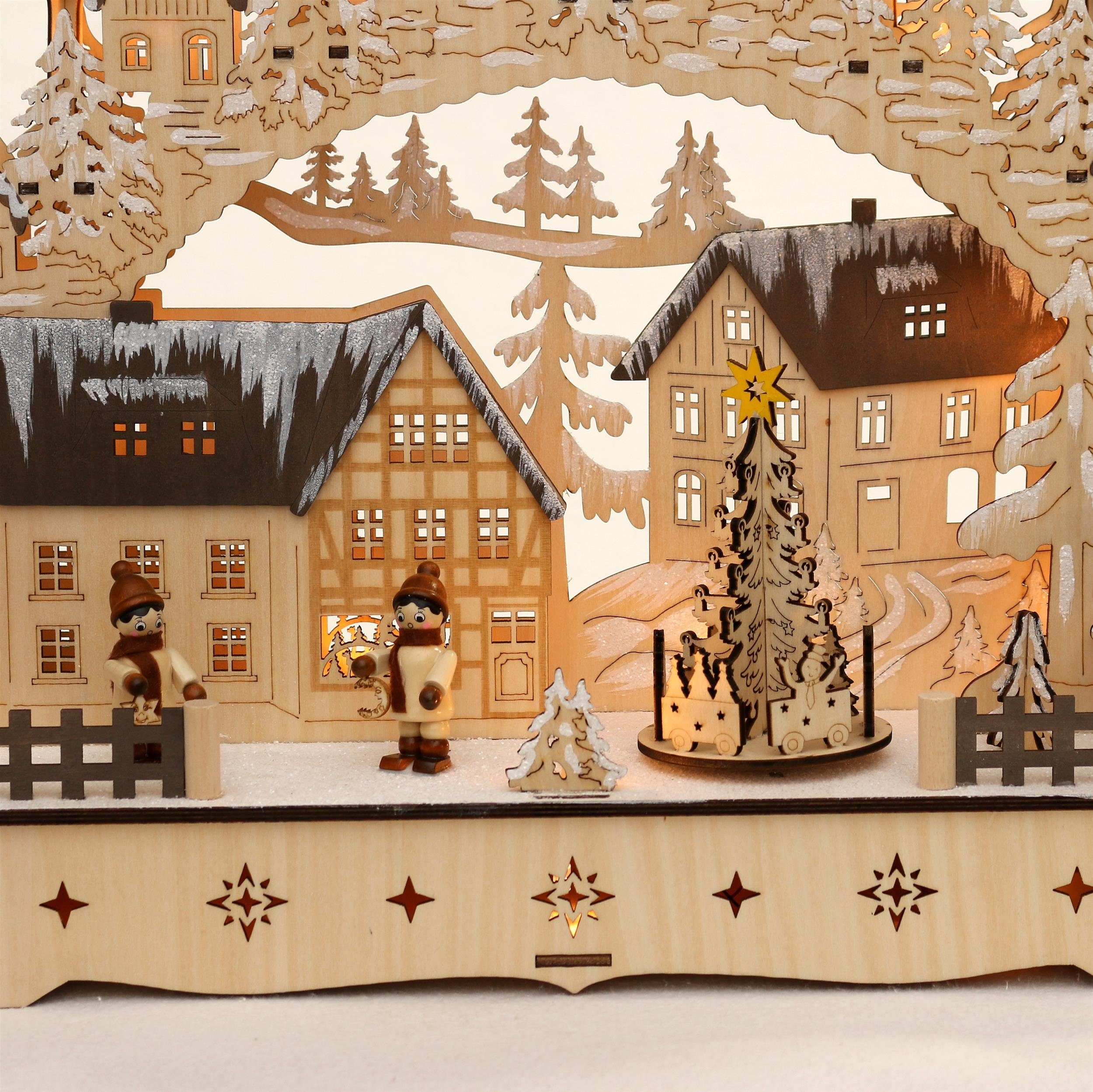 bewegtem Weihnachtsbaum, Laternenkinde mit Dekohelden24 Schwibbogen Schwibbogen Holz Motiv: LED