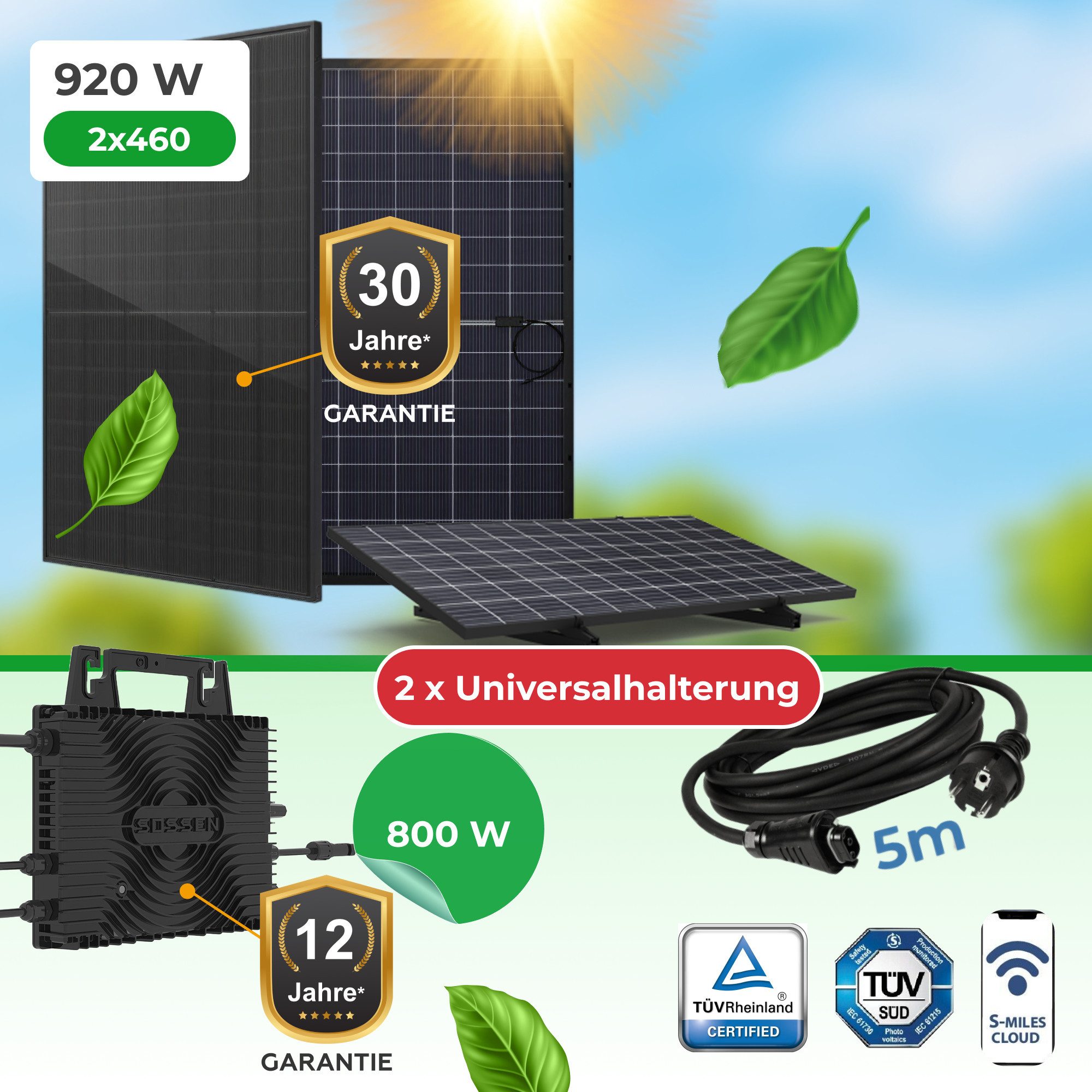 Paket.ag Balkonkraftwerk 920W mit Sossen–800 Wechselrichter inkl. Universalhalterung, WiFi, (1-St)