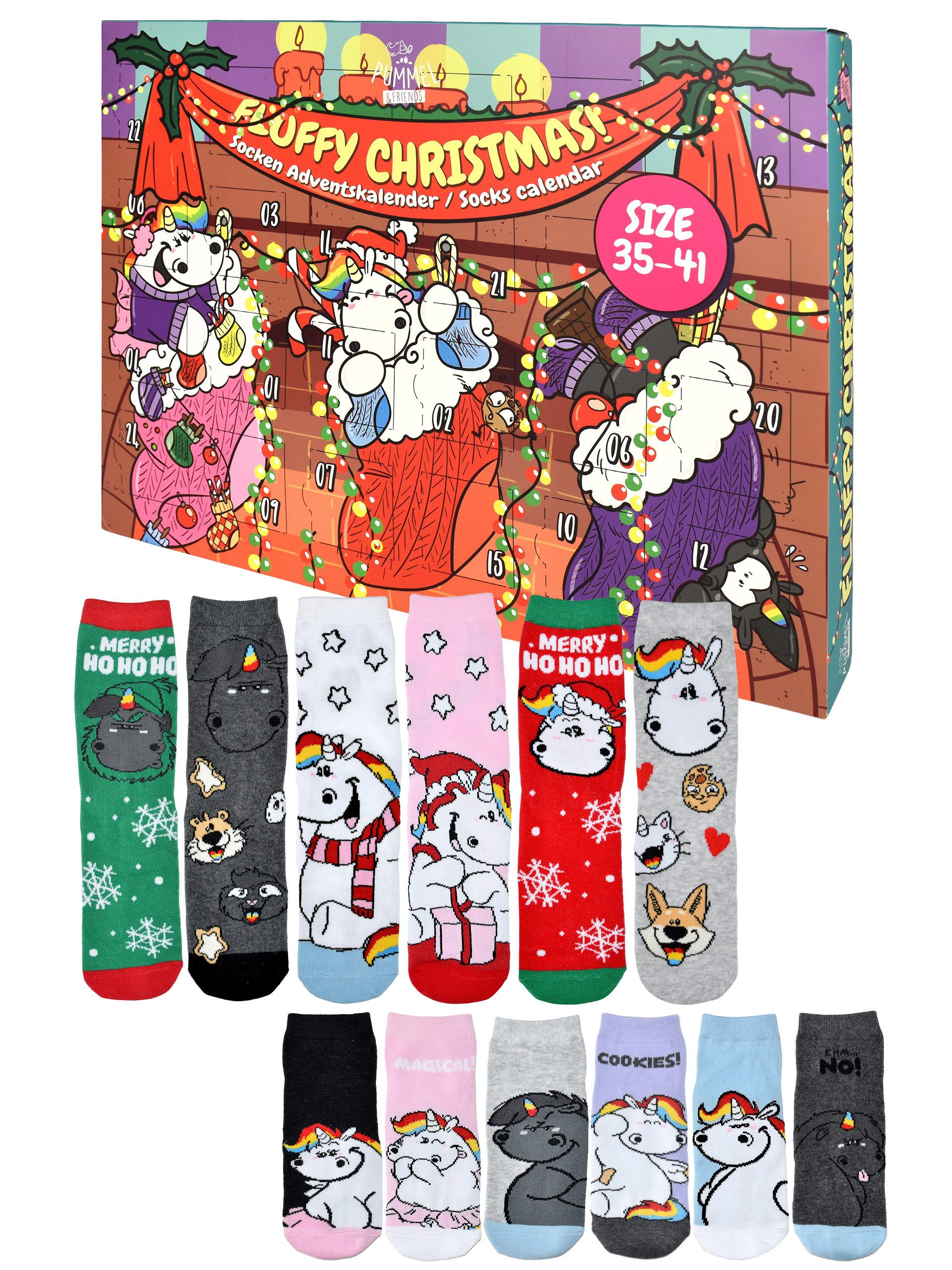 United Labels® Adventskalender Pummeleinhorn Socken Adventskalender mit 12 Paar kurz und lang