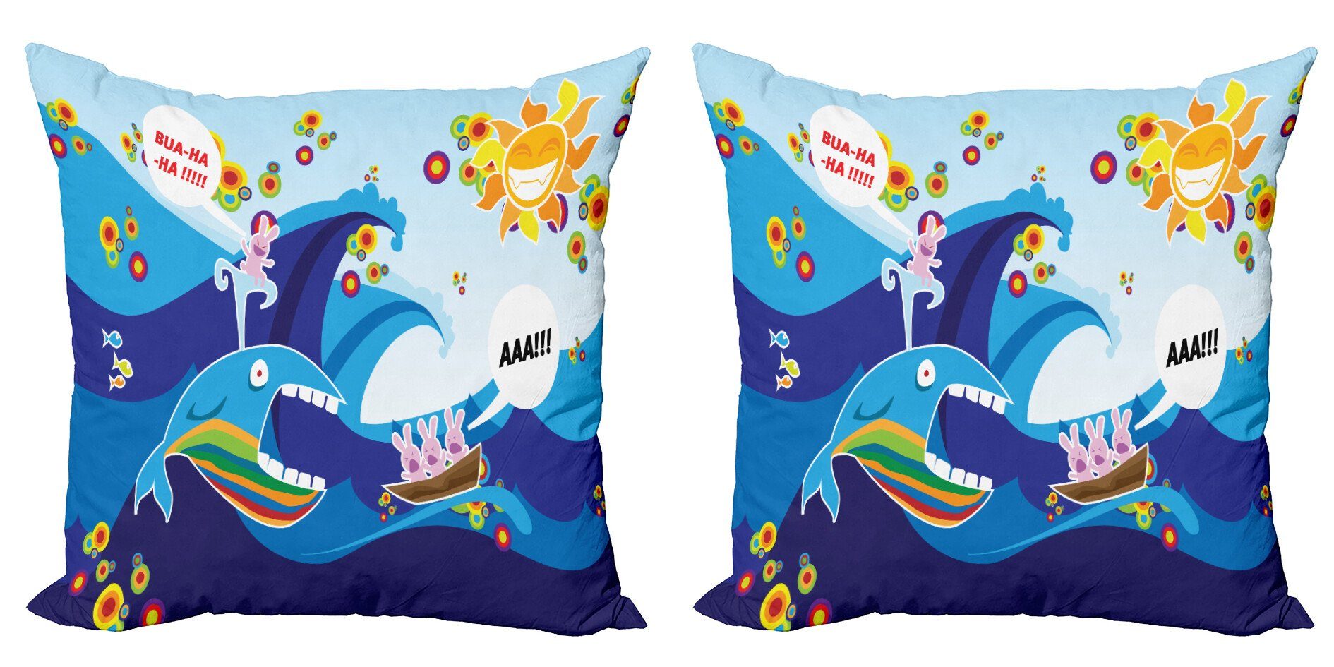 Kissenbezüge Modern Accent Doppelseitiger Digitaldruck, Abakuhaus (2 Stück), Karikatur Wal Fisch-Kaninchen Sun